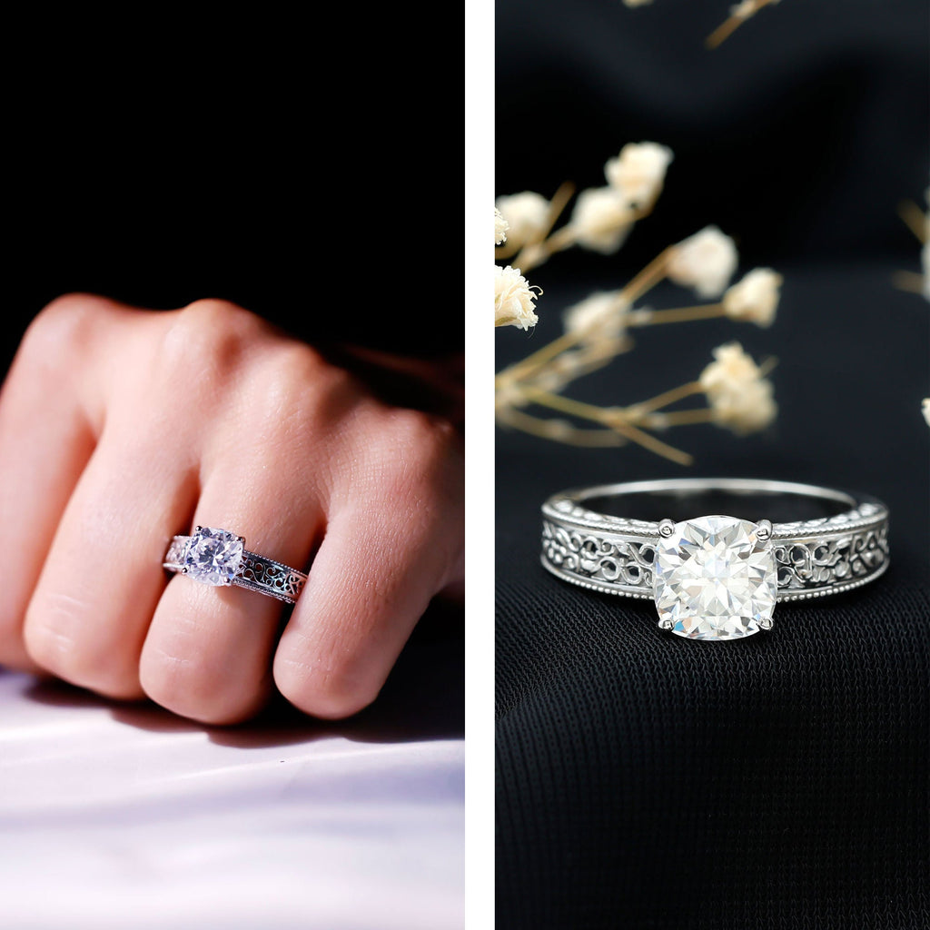 3 Carat Cushion Cut Moissanite Engagement Ring with Filigree Details