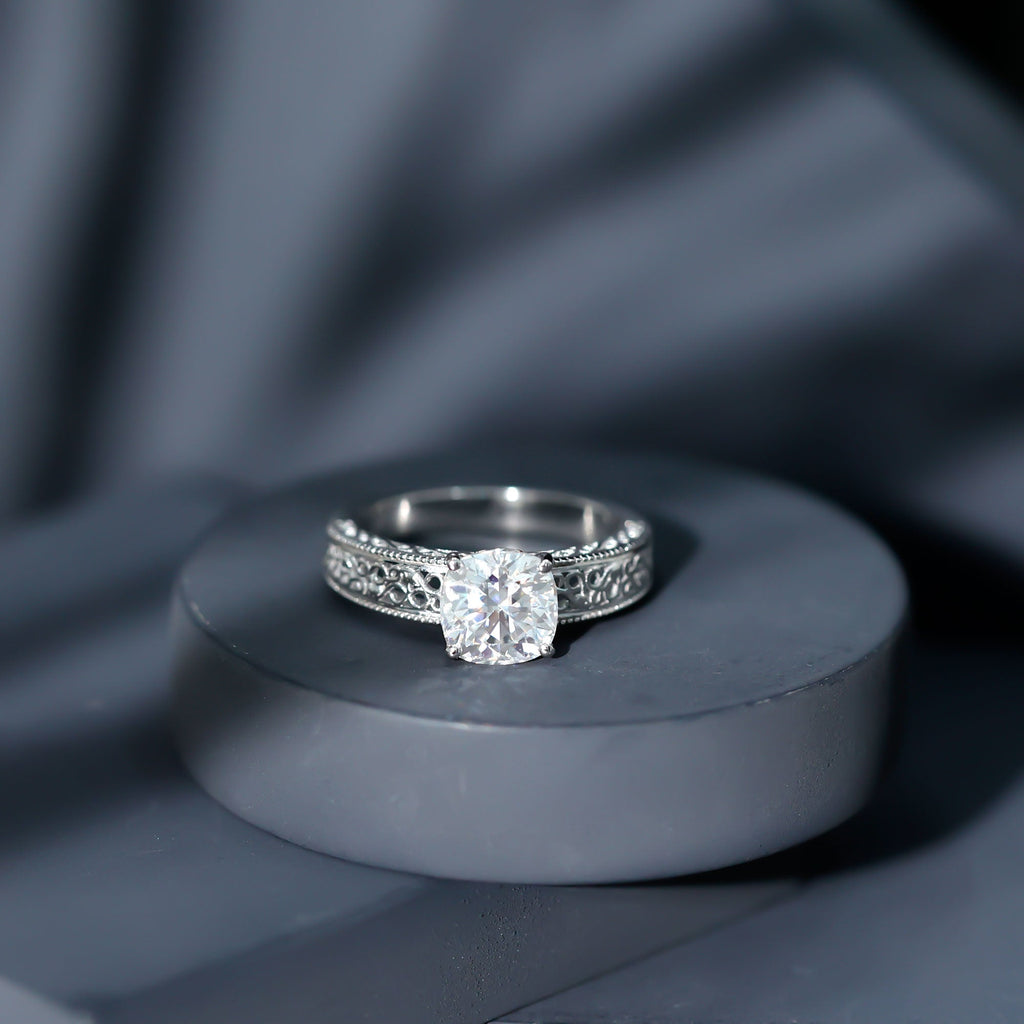 3 Carat Cushion Cut Moissanite Engagement Ring with Filigree Details