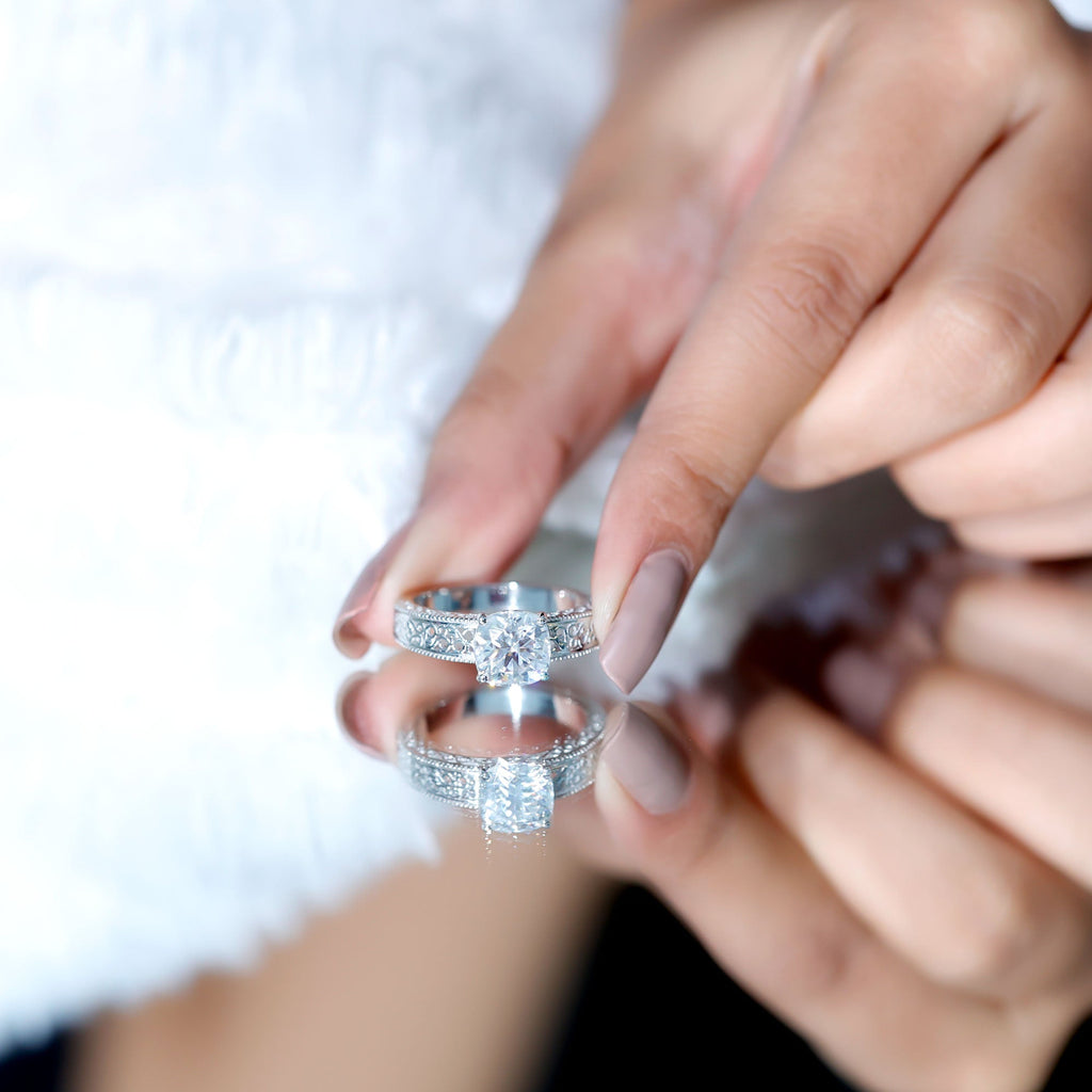 3 Carat Cushion Cut Moissanite Engagement Ring with Filigree Details
