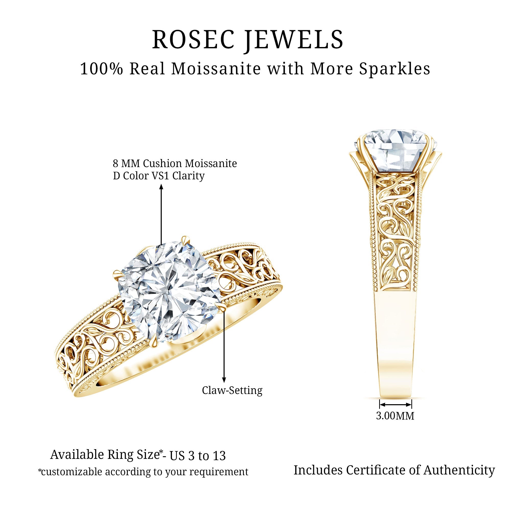 3 Carat Cushion Cut Moissanite Engagement Ring with Filigree Details