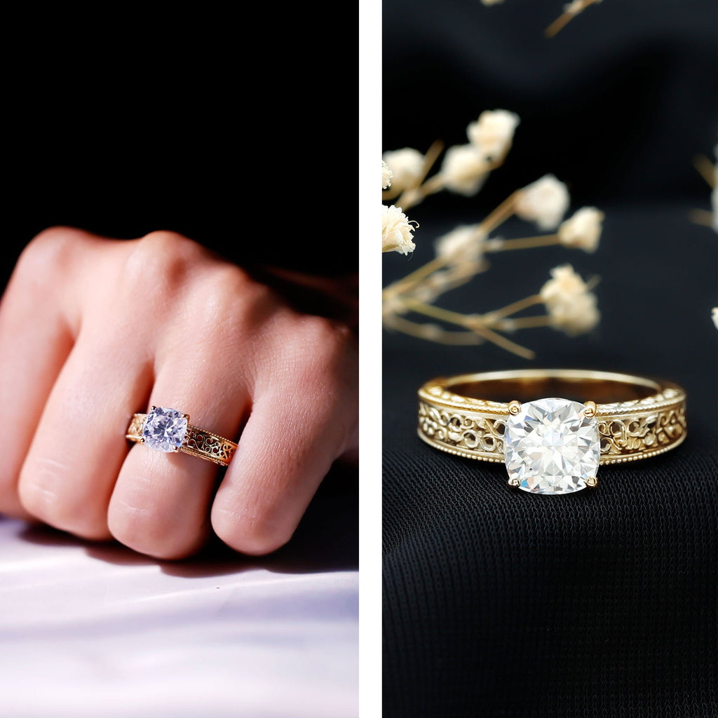 3 Carat Cushion Cut Moissanite Engagement Ring with Filigree Details
