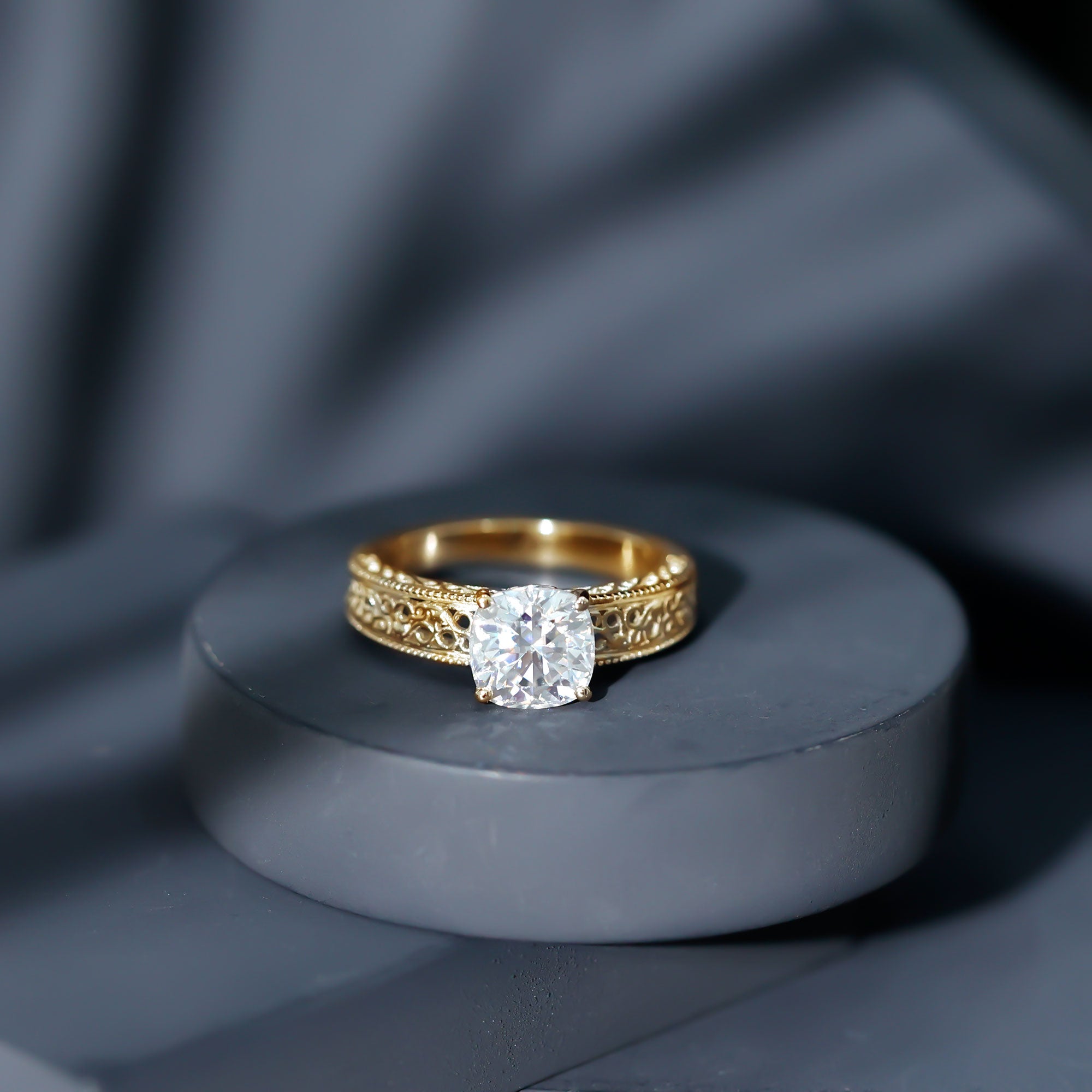 3 Carat Cushion Cut Moissanite Engagement Ring with Filigree Details