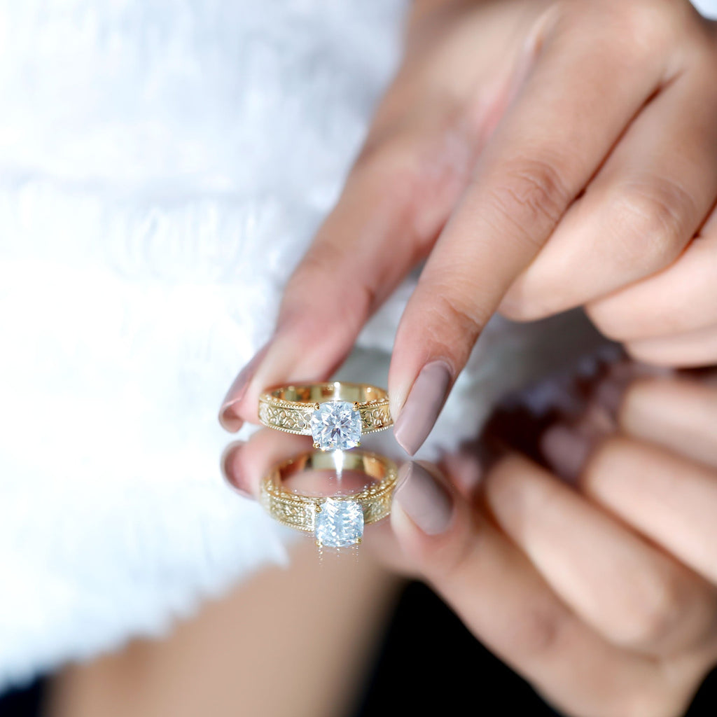 3 Carat Cushion Cut Moissanite Engagement Ring with Filigree Details