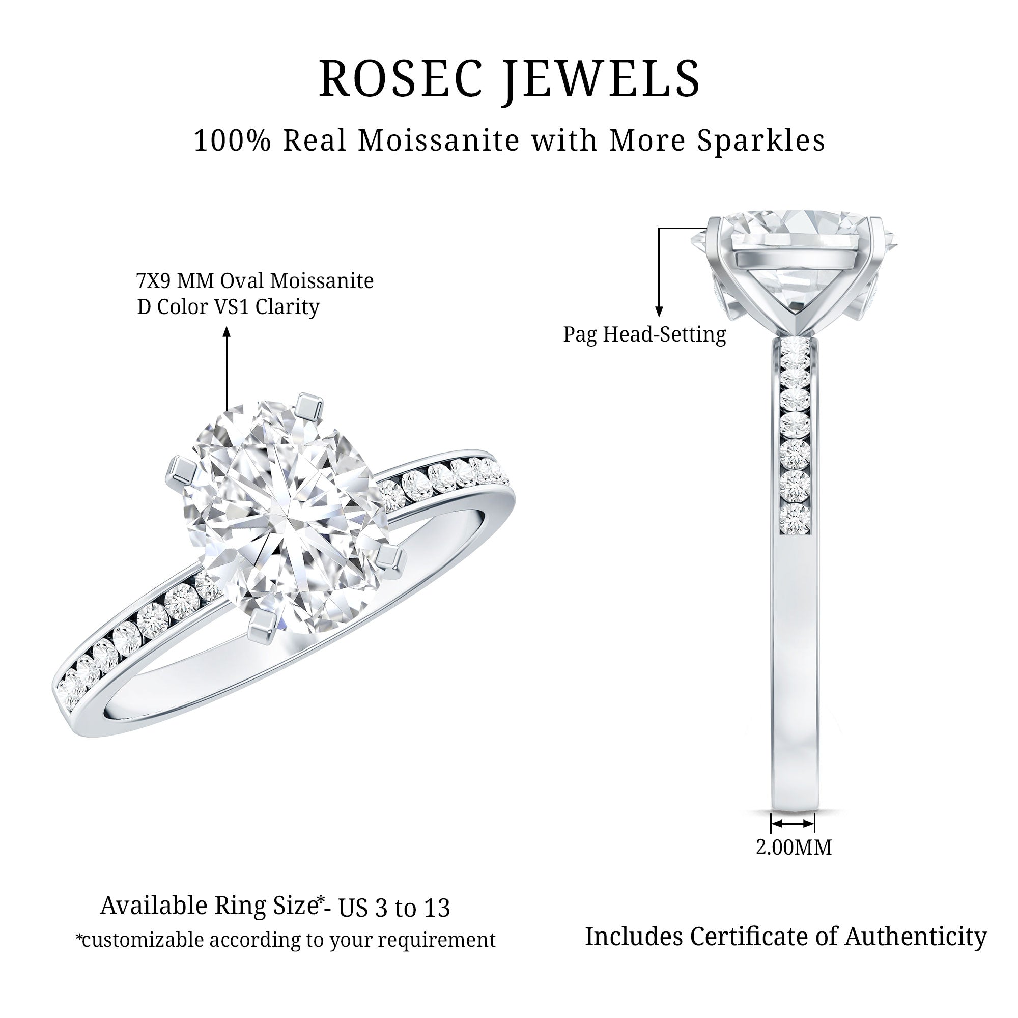 2 Carat Solitaire Moissanite Oval Engagement Ring with Channel Set Side Stones