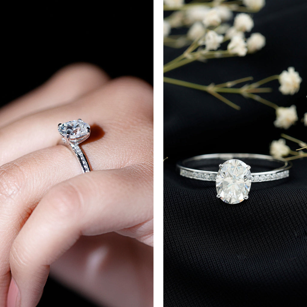 2 Carat Solitaire Moissanite Oval Engagement Ring with Channel Set Side Stones