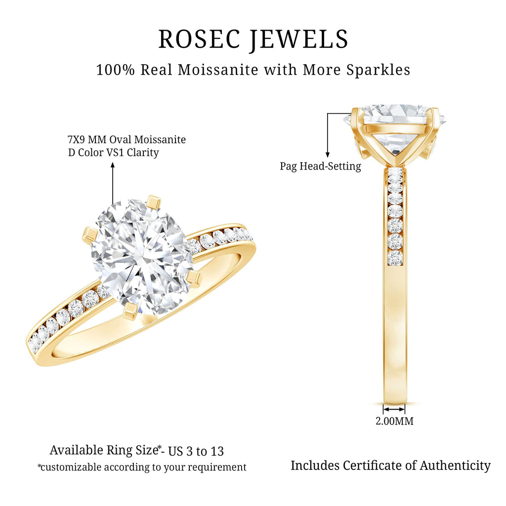 2 Carat Solitaire Moissanite Oval Engagement Ring with Channel Set Side Stones