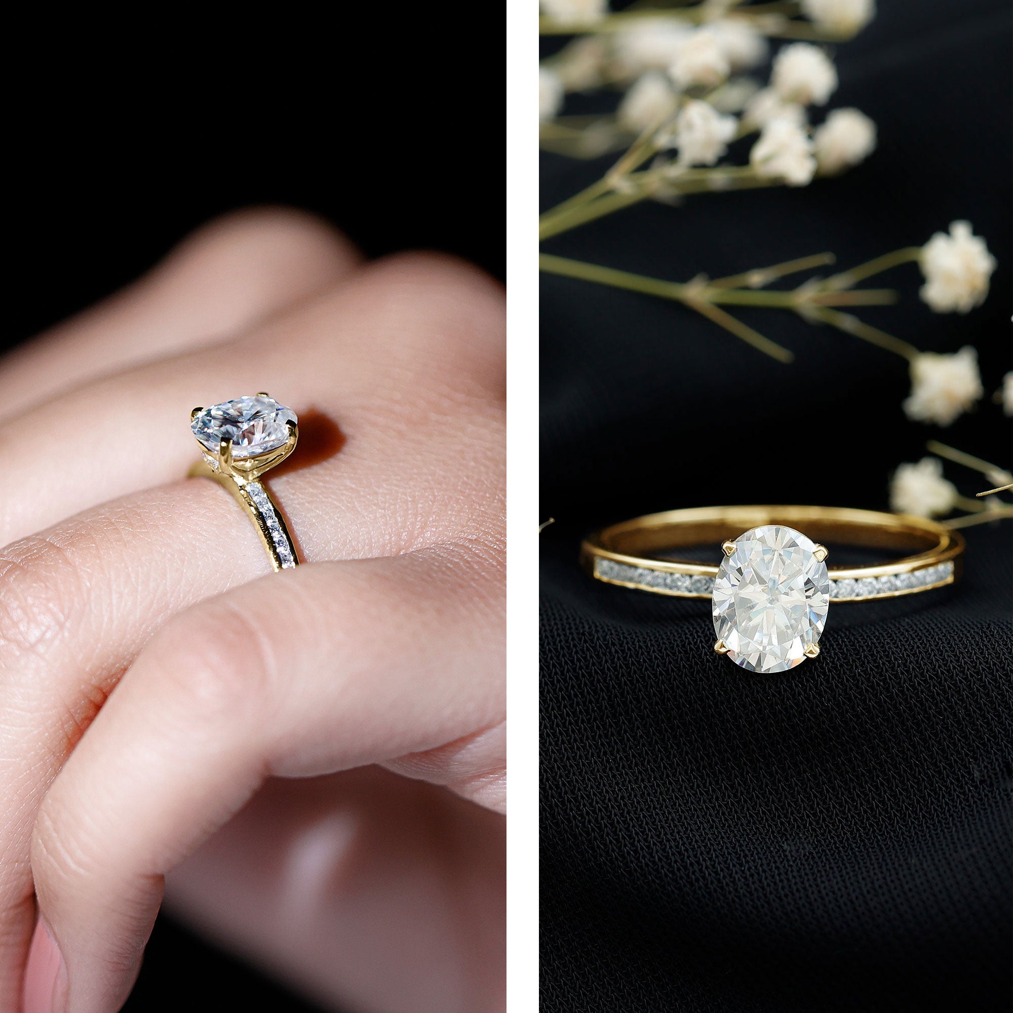 2 Carat Solitaire Moissanite Oval Engagement Ring with Channel Set Side Stones