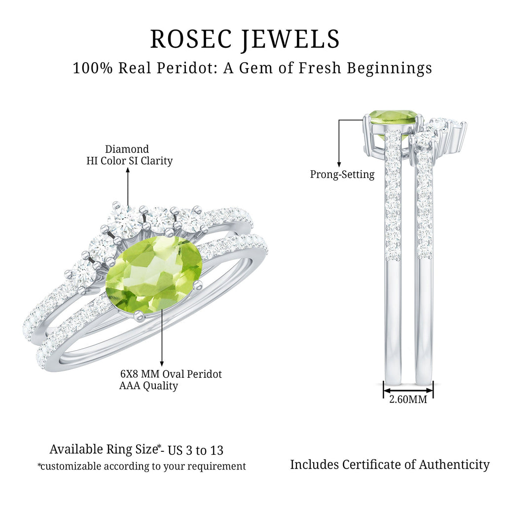 Natural 1 Carat Peridot Oval Wedding Engagement Ring Set with Diamond