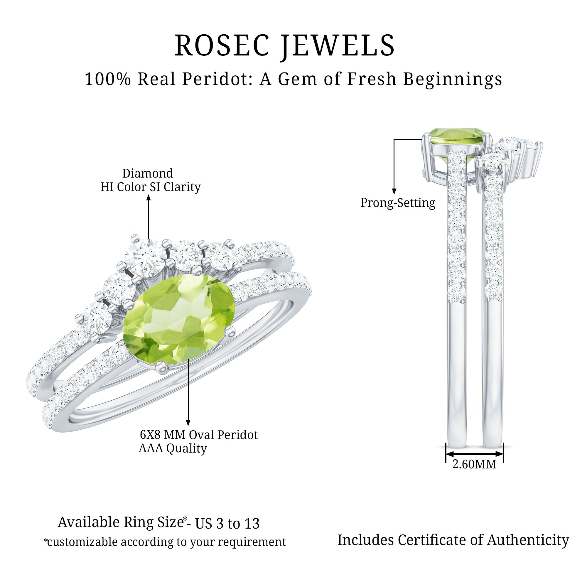 Natural 1 Carat Peridot Oval Wedding Engagement Ring Set with Diamond