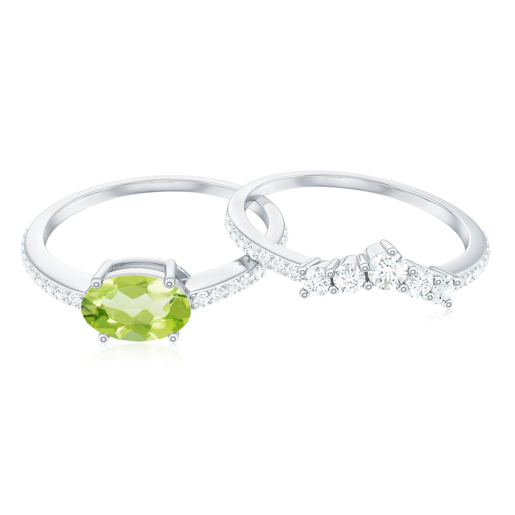 Natural 1 Carat Peridot Oval Wedding Engagement Ring Set with Diamond