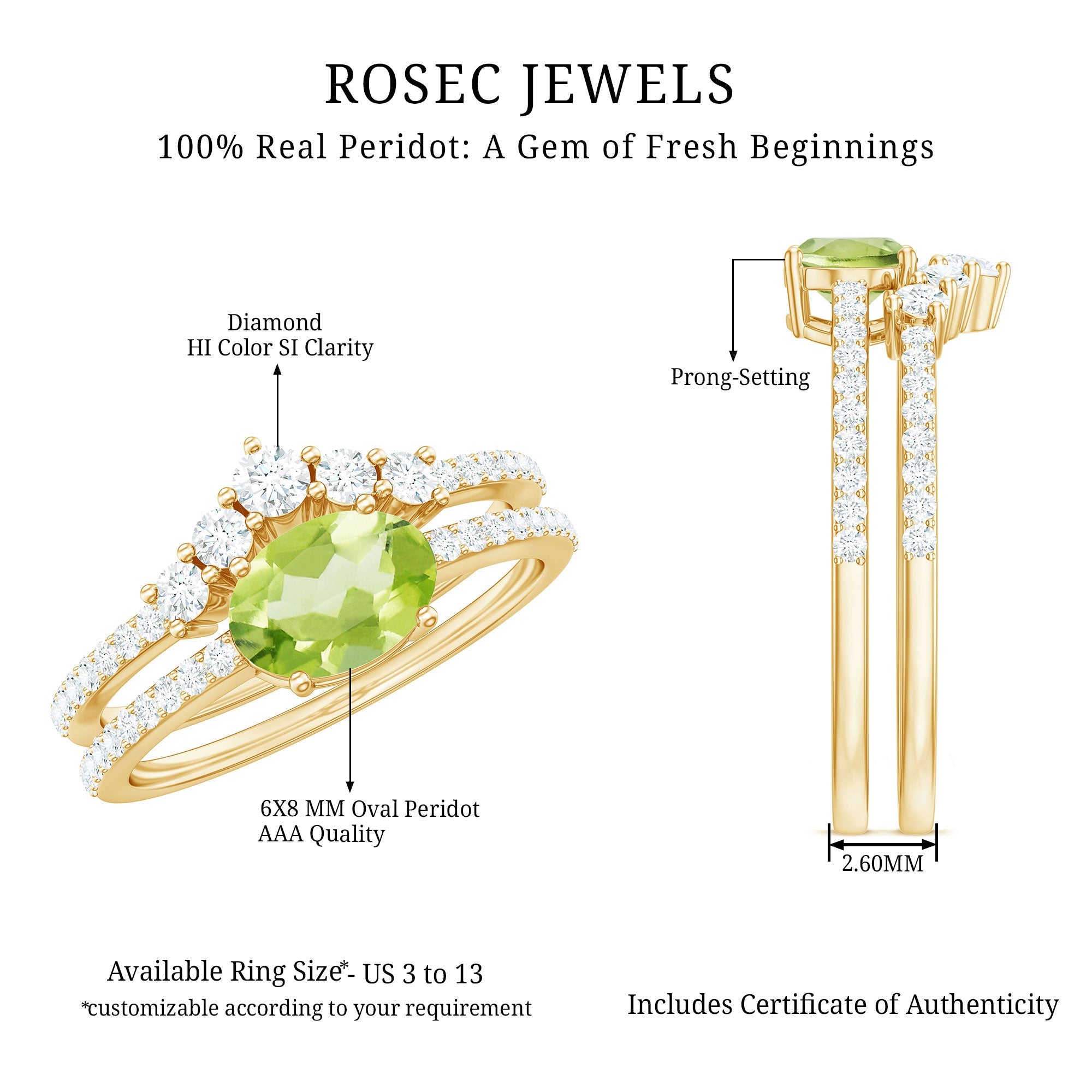 Natural 1 Carat Peridot Oval Wedding Engagement Ring Set with Diamond