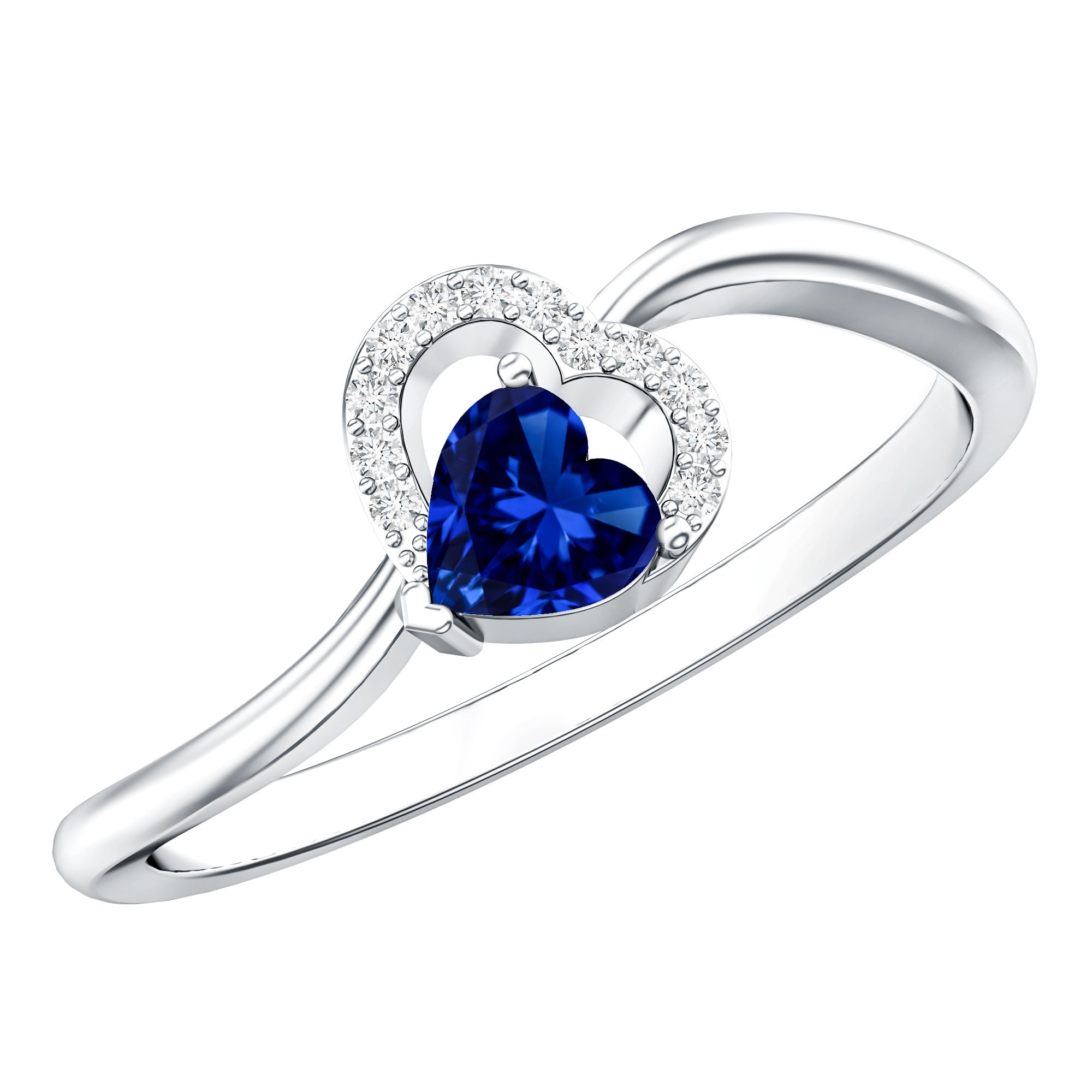 Certified Lab Grown Blue Sapphire Heart Promise Ring with Diamond