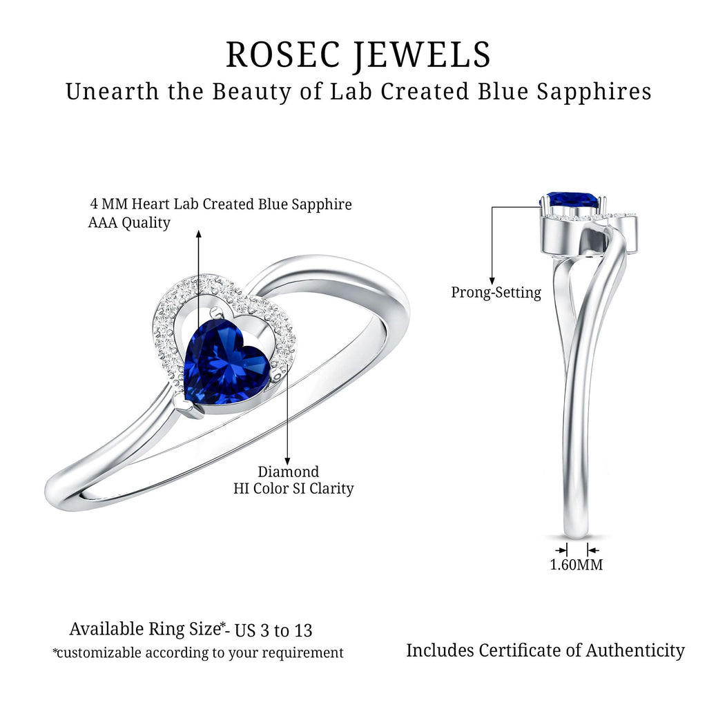 Certified Lab Grown Blue Sapphire Heart Promise Ring with Diamond