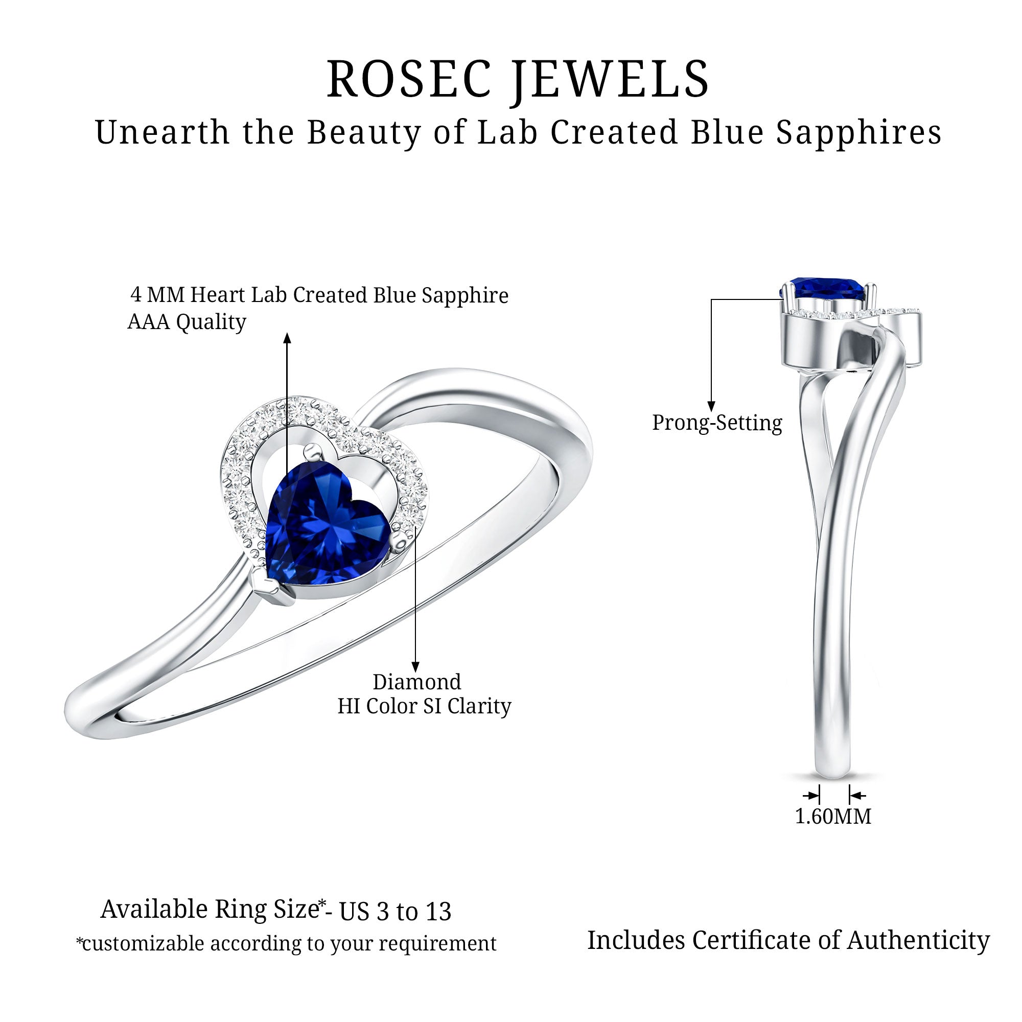 Certified Lab Grown Blue Sapphire Heart Promise Ring with Diamond