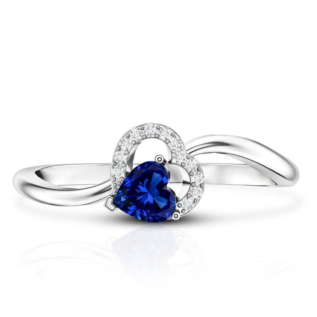 Certified Lab Grown Blue Sapphire Heart Promise Ring with Diamond