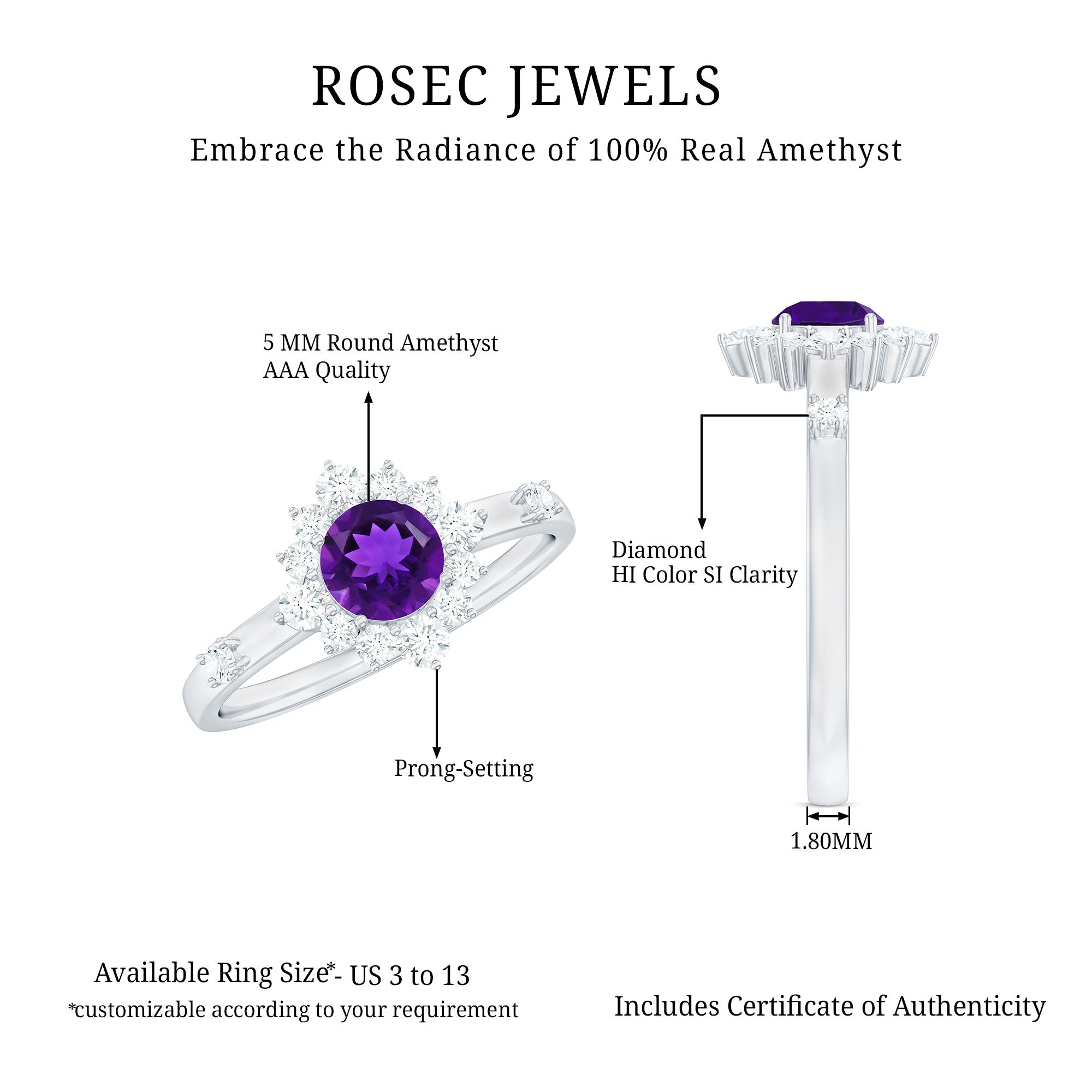 Round Amethyst and Diamond Classic Halo Ring
