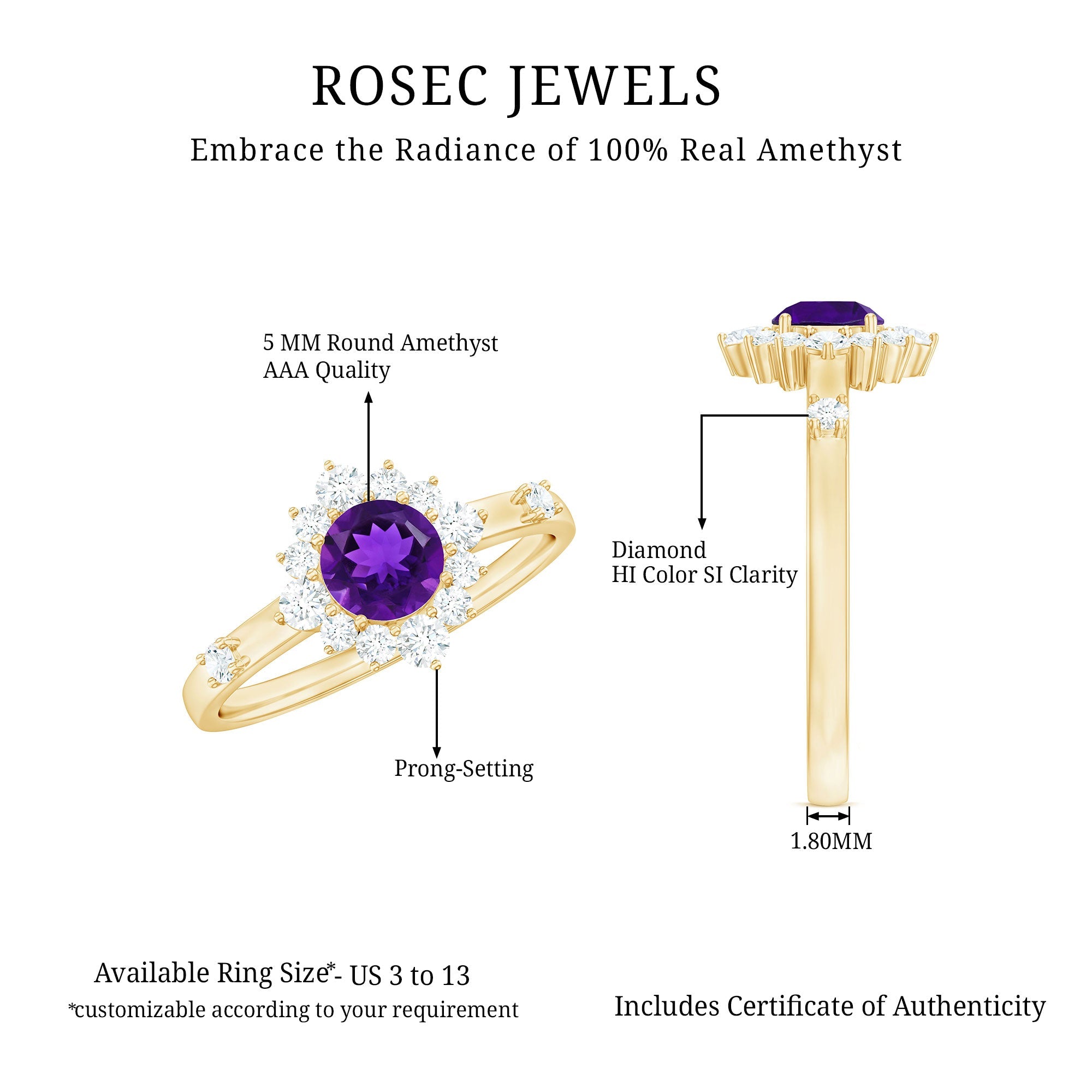 Round Amethyst and Diamond Classic Halo Ring