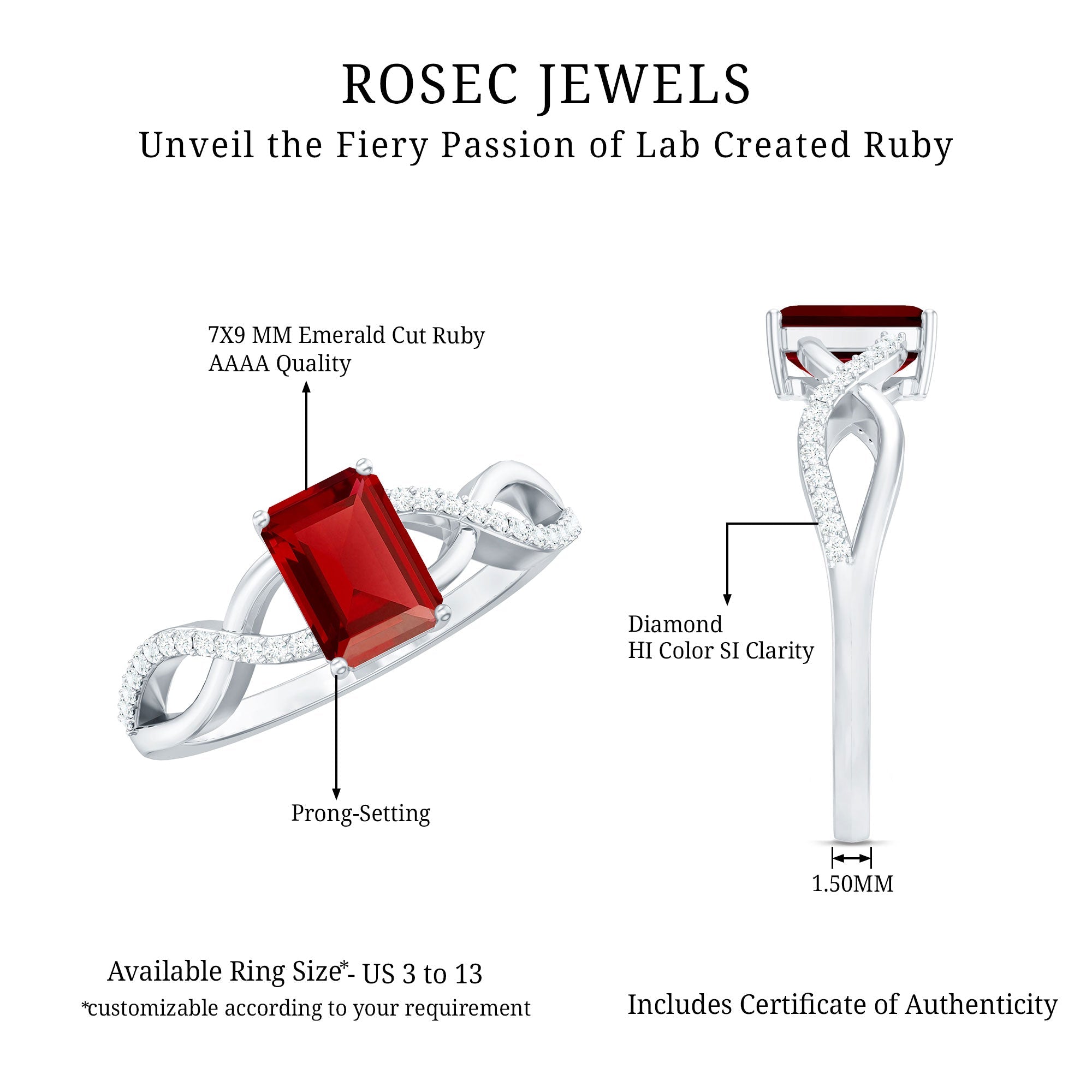 Emerald Cut Lab Grown Ruby and Diamond Infinity Engagement Ring