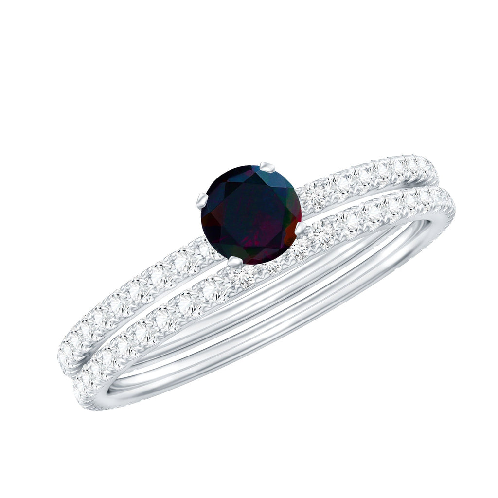 1.25 CT Minimal Wedding Ring Set with Black Opal and Diamond