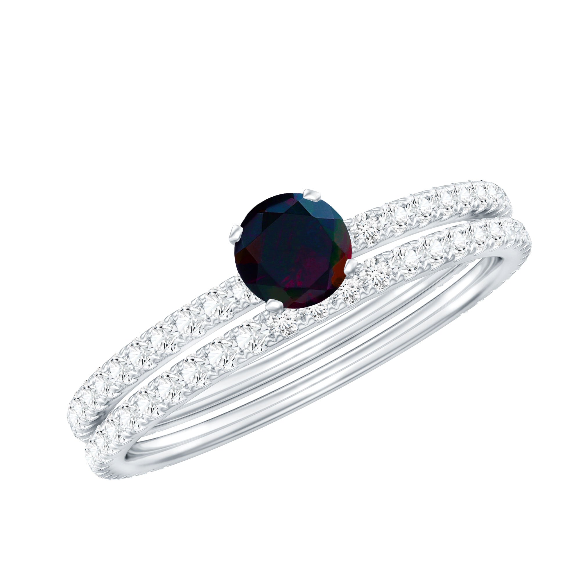 1.25 CT Minimal Wedding Ring Set with Black Opal and Diamond