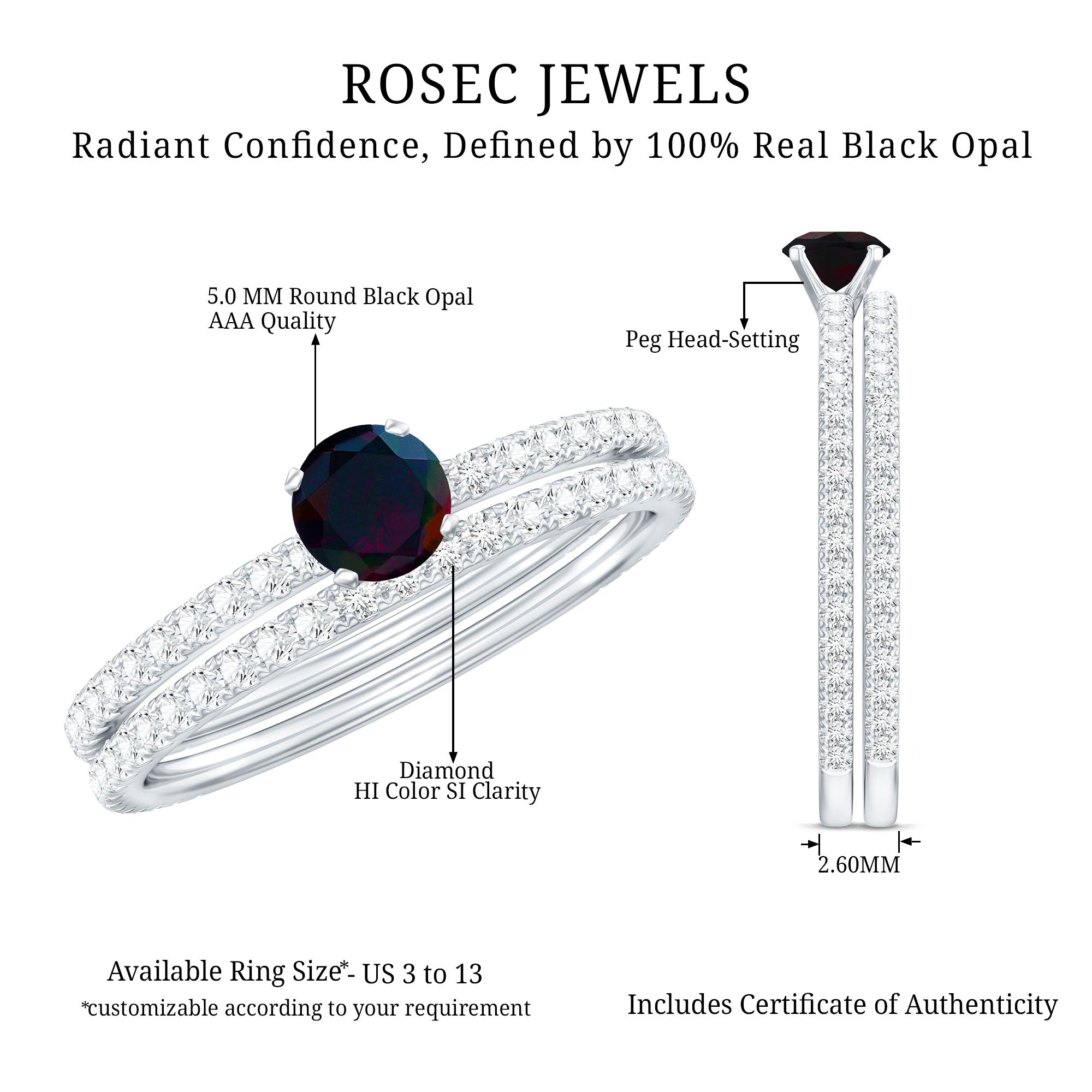 1.25 CT Minimal Wedding Ring Set with Black Opal and Diamond