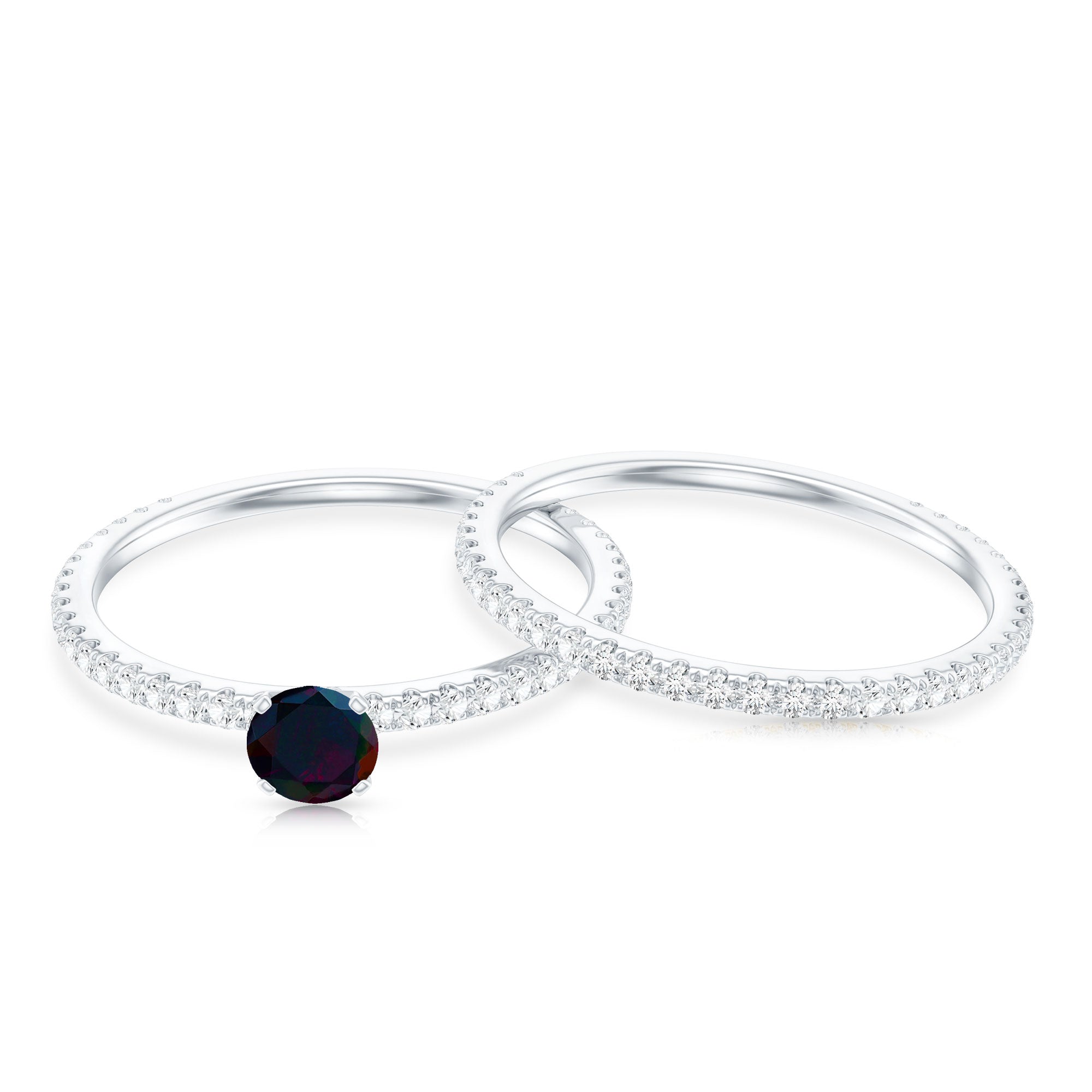 1.25 CT Minimal Wedding Ring Set with Black Opal and Diamond