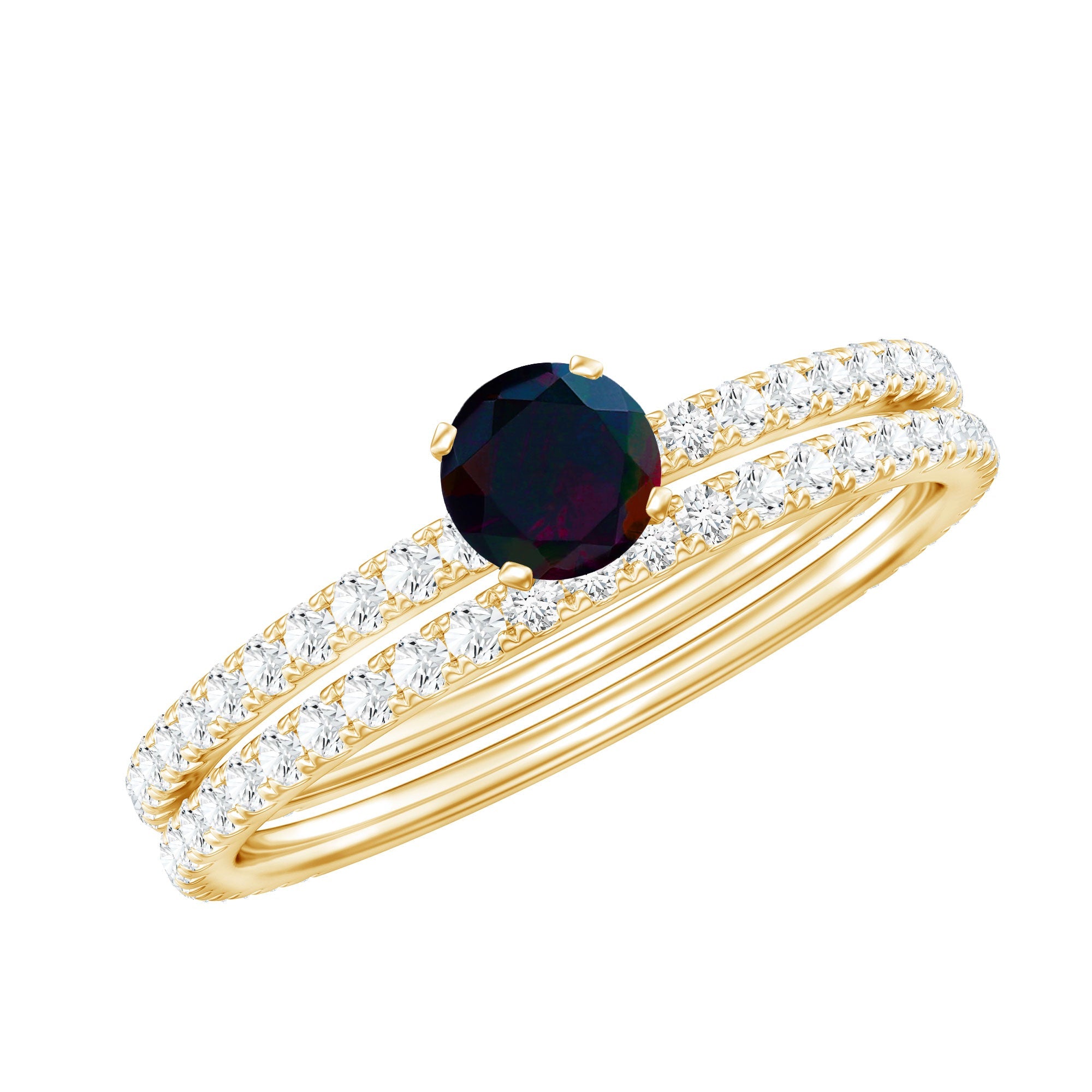 1.25 CT Minimal Wedding Ring Set with Black Opal and Diamond