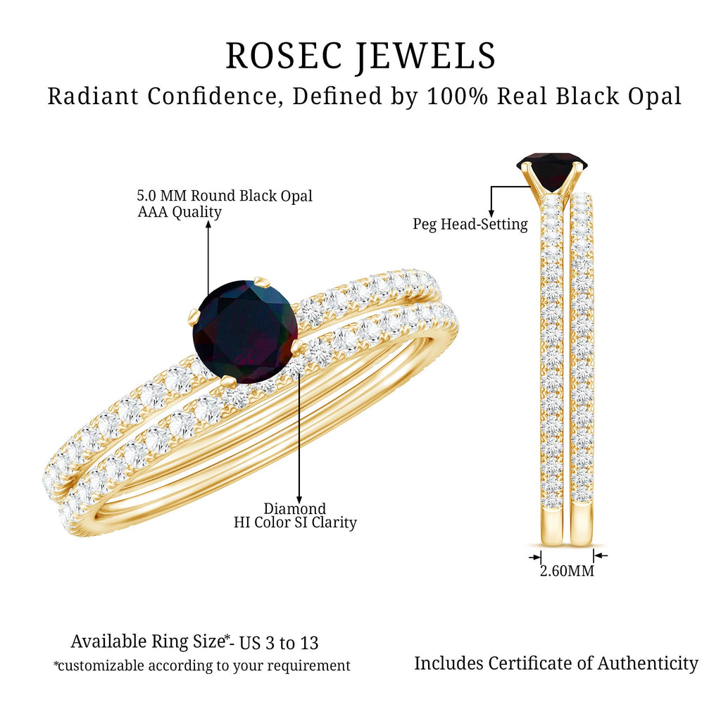 1.25 CT Minimal Wedding Ring Set with Black Opal and Diamond