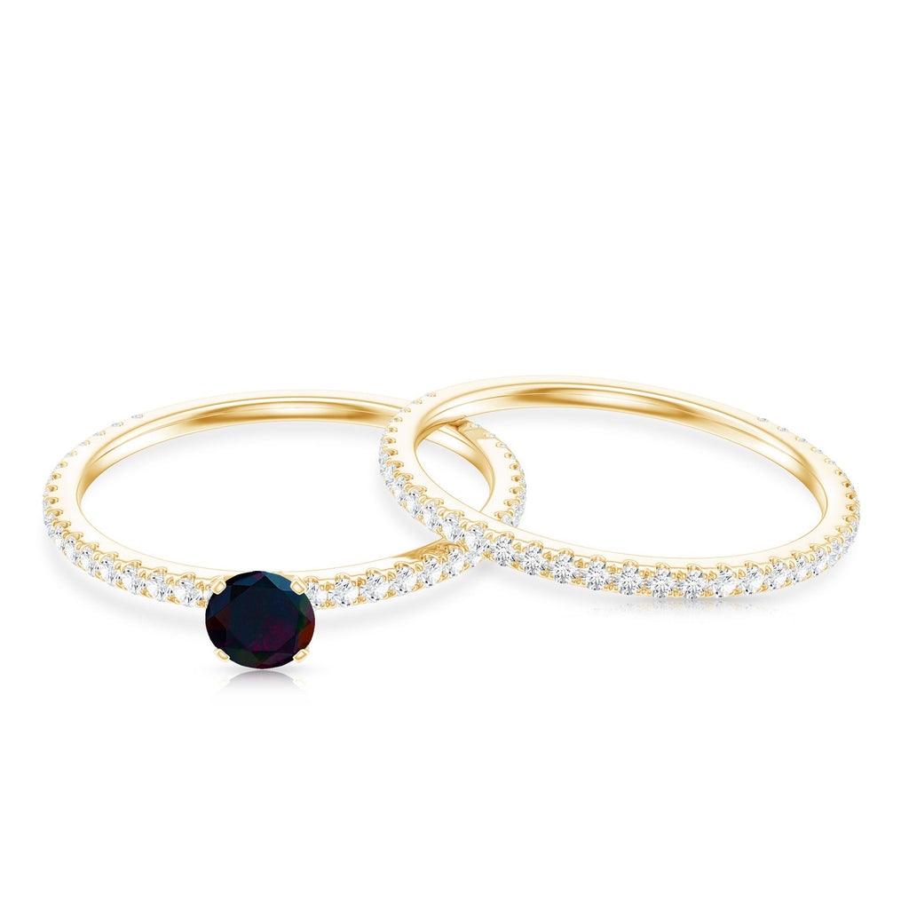 1.25 CT Minimal Wedding Ring Set with Black Opal and Diamond