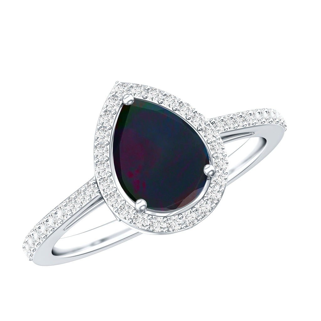 Pear Shape 1 CT Black Opal Engagement Ring with Diamond Halo