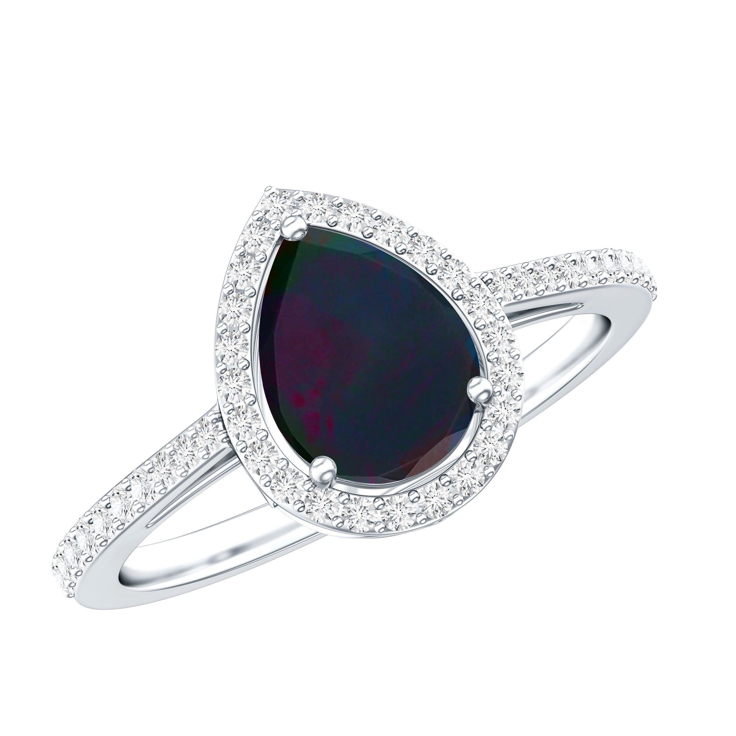 Pear Shape 1 CT Black Opal Engagement Ring with Diamond Halo