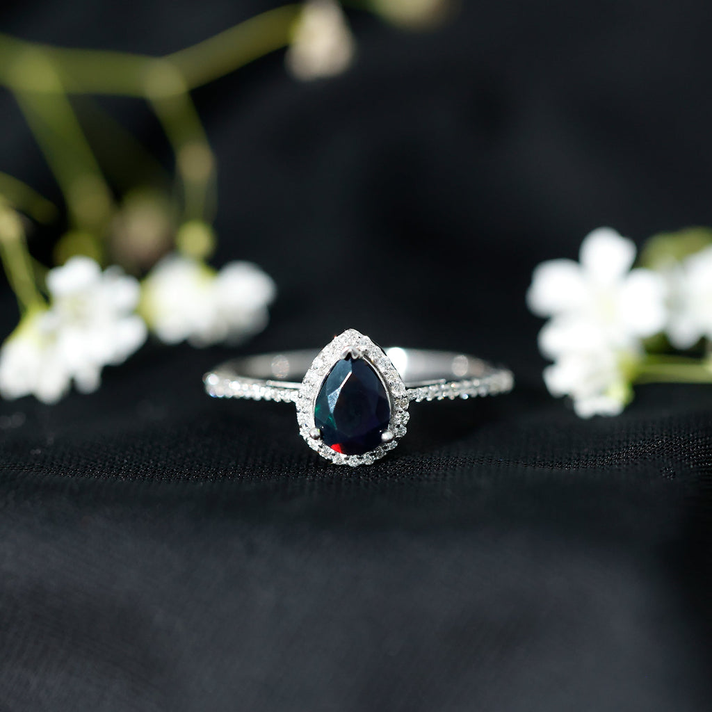 Pear Shape 1 CT Black Opal Engagement Ring with Diamond Halo