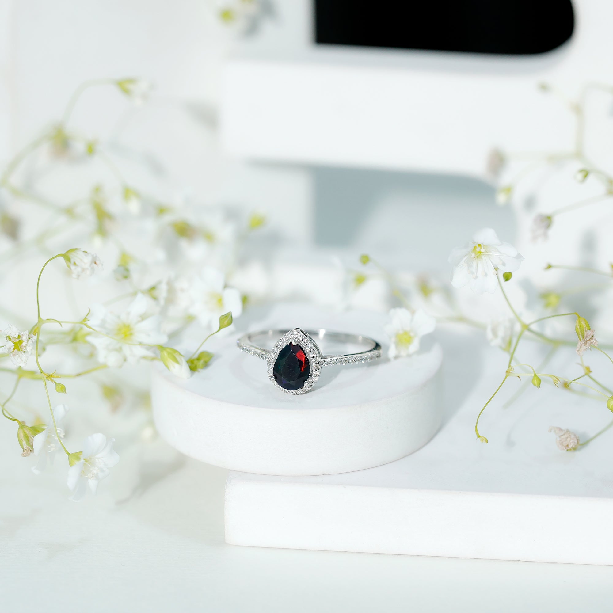 Pear Shape 1 CT Black Opal Engagement Ring with Diamond Halo