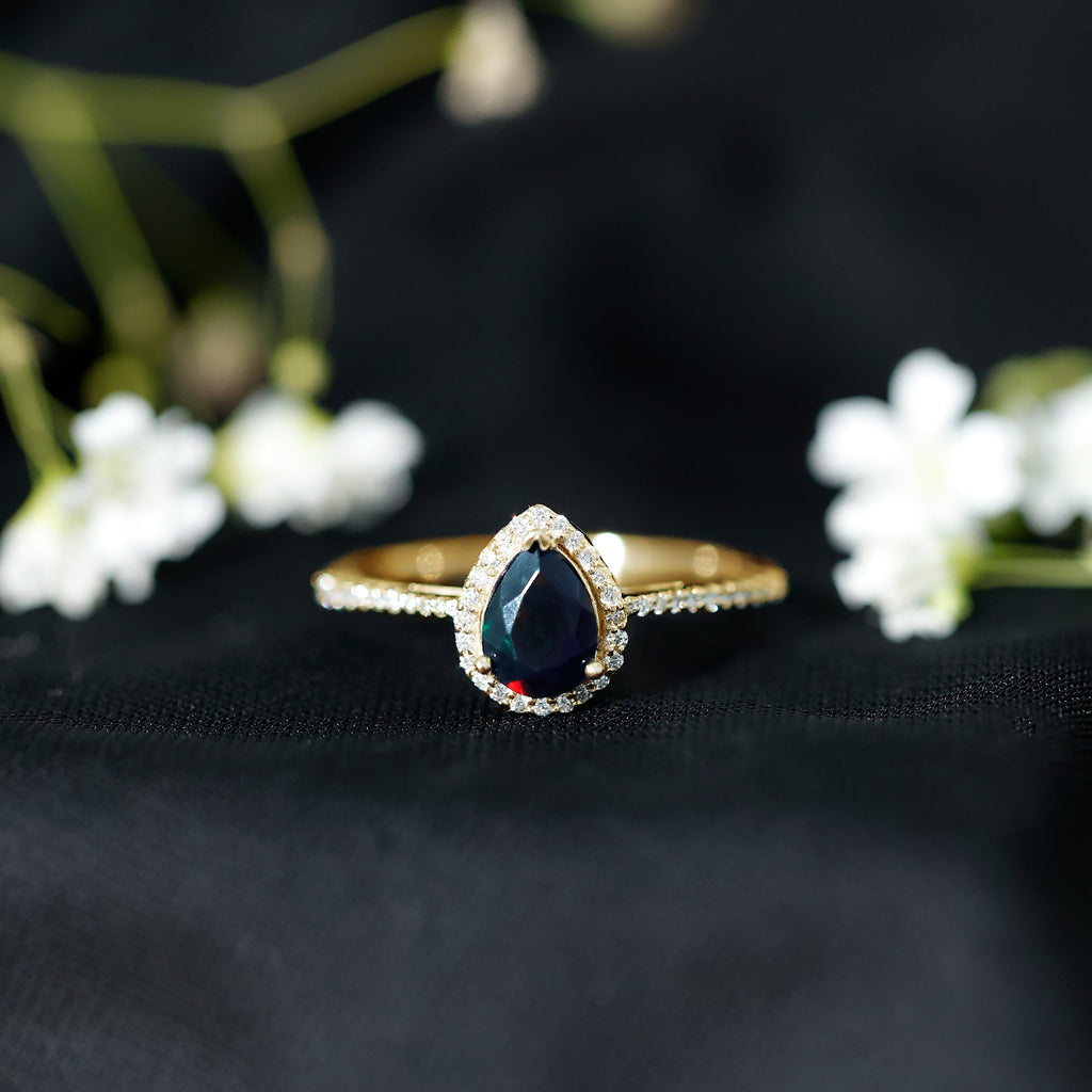 Pear Shape 1 CT Black Opal Engagement Ring with Diamond Halo