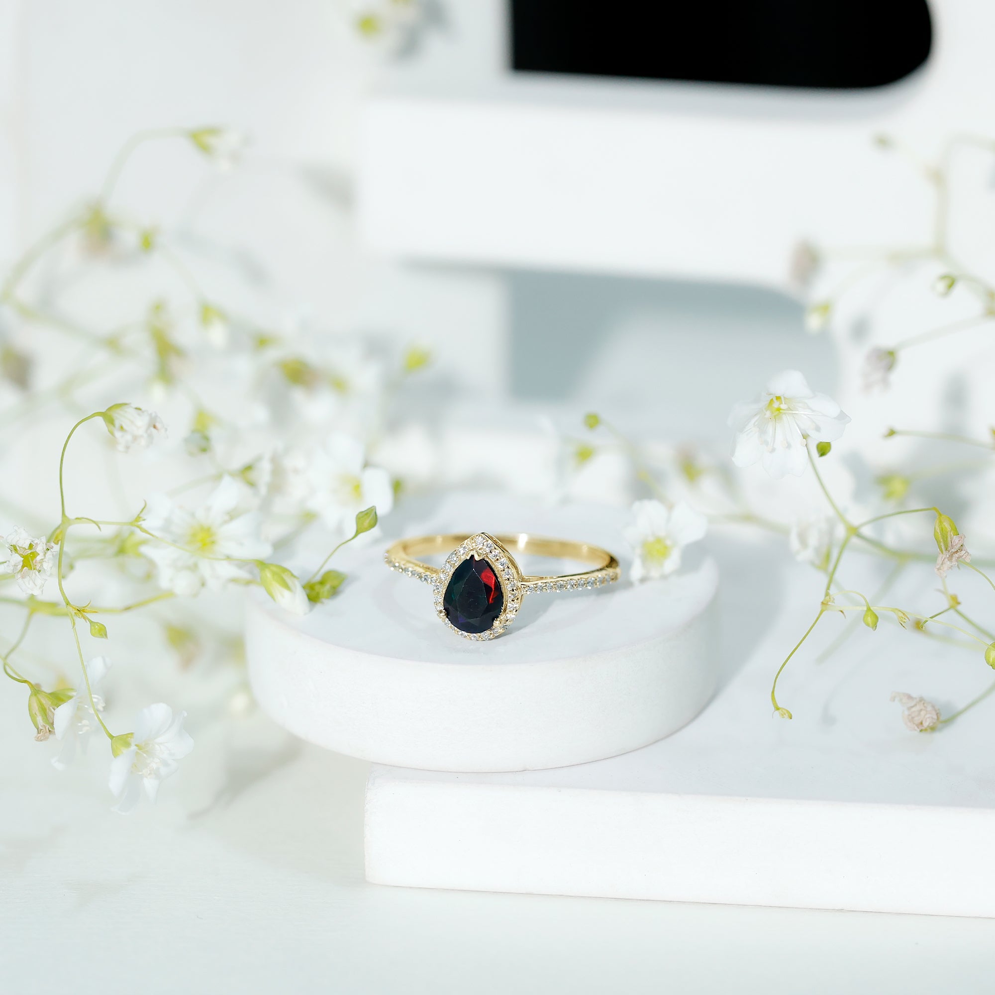 Pear Shape 1 CT Black Opal Engagement Ring with Diamond Halo