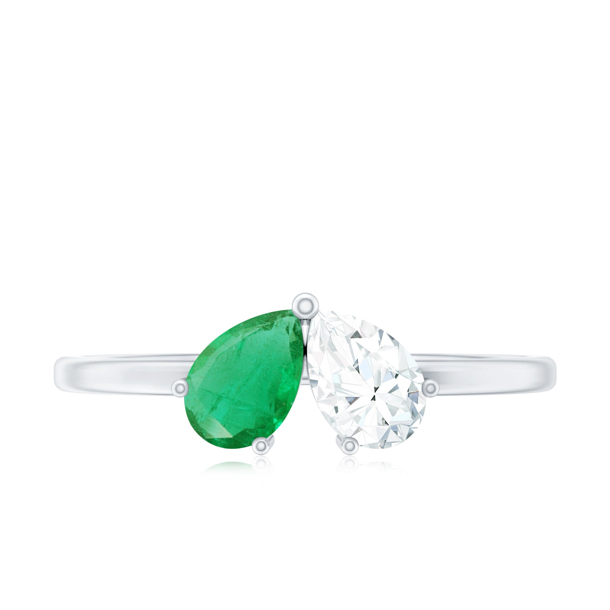 Natural Pear Shape Emerald Diamond 2 Stone Promise Ring