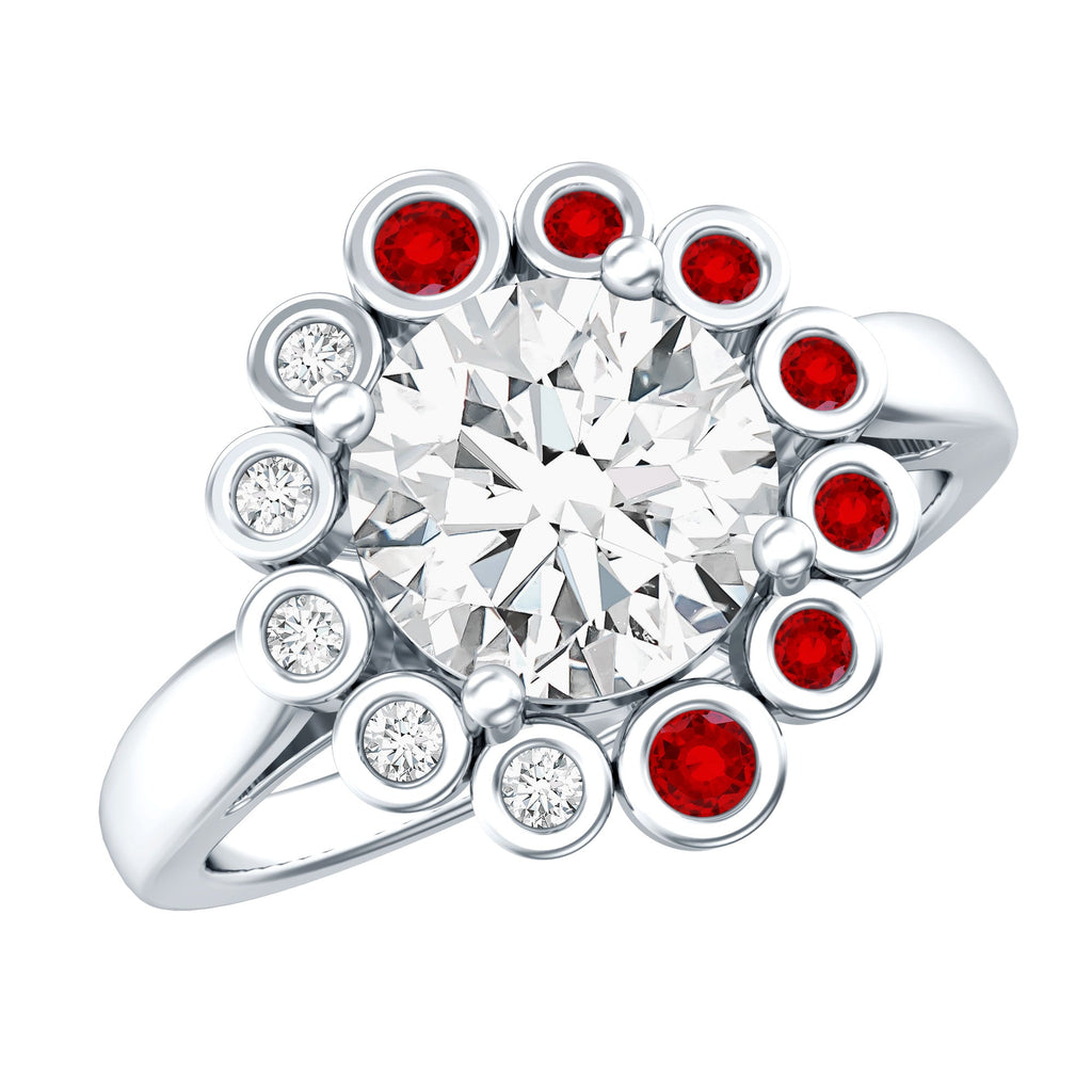 Certified 2 Carat Moissanite Designer Engagement Ring with Lab Grown Ruby