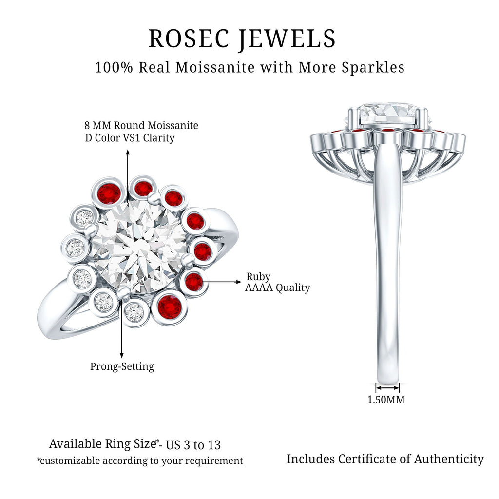 Certified 2 Carat Moissanite Designer Engagement Ring with Lab Grown Ruby