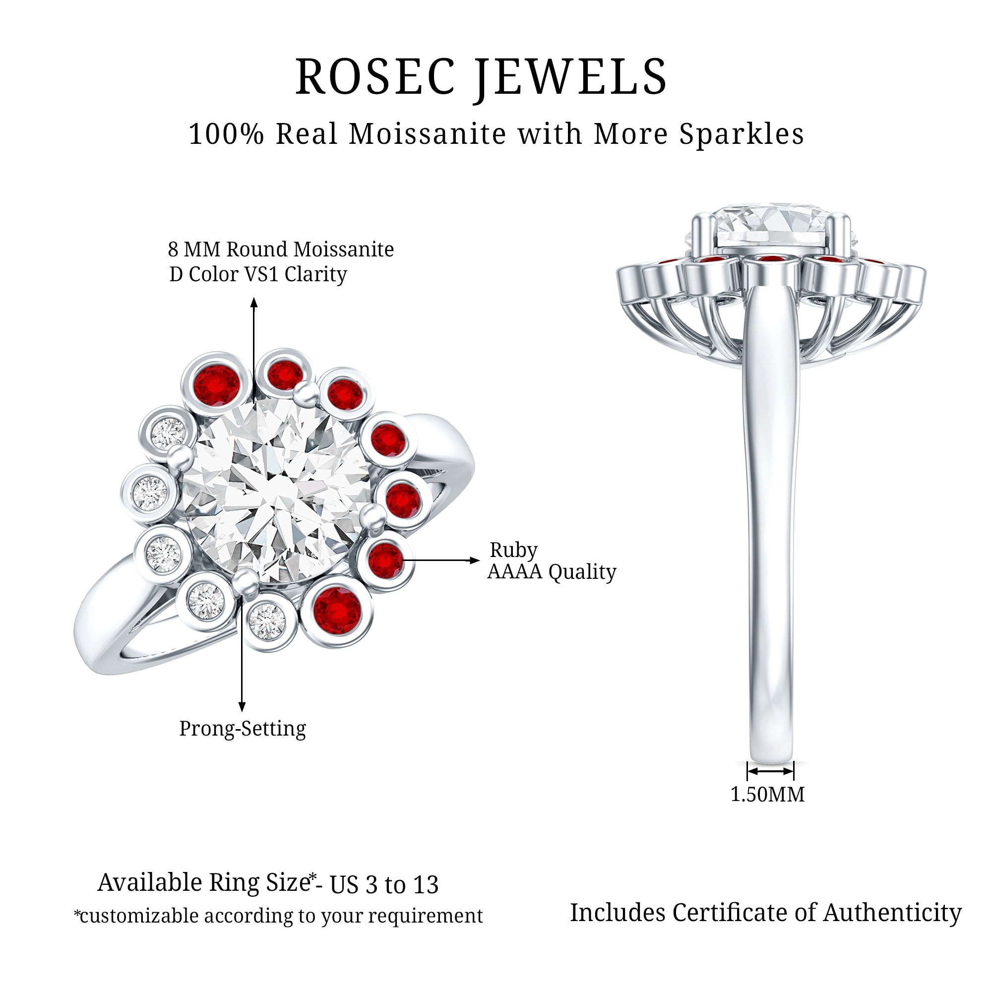 Certified 2 Carat Moissanite Designer Engagement Ring with Lab Grown Ruby