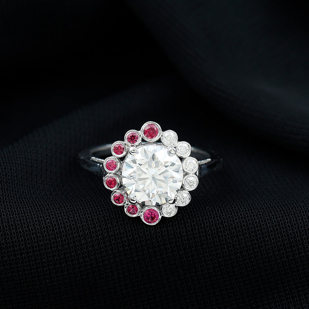 Certified 2 Carat Moissanite Designer Engagement Ring with Lab Grown Ruby