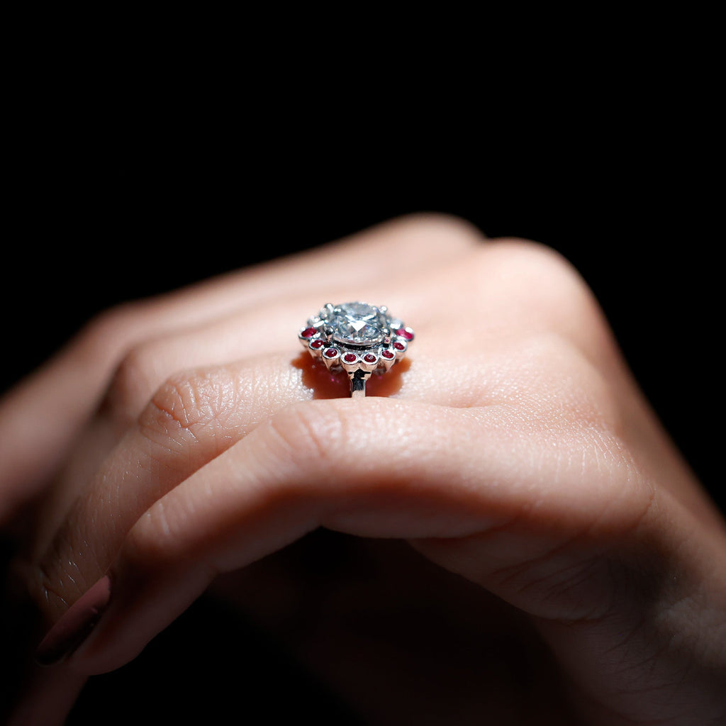Certified 2 Carat Moissanite Designer Engagement Ring with Lab Grown Ruby