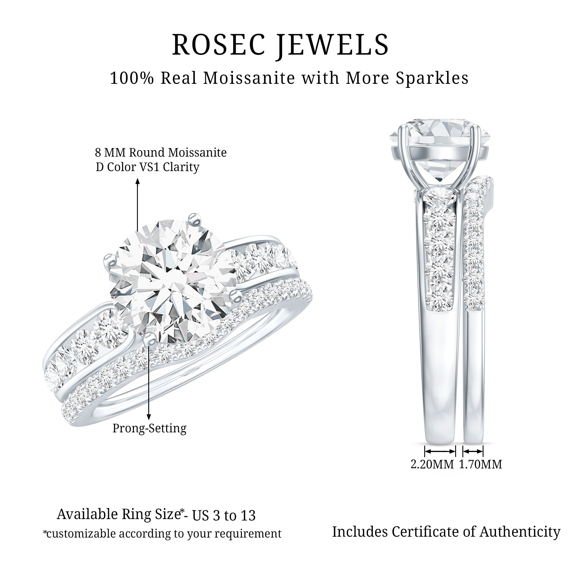 Certified 2 Carat Moissanite Engagement Ring with Wedding Band