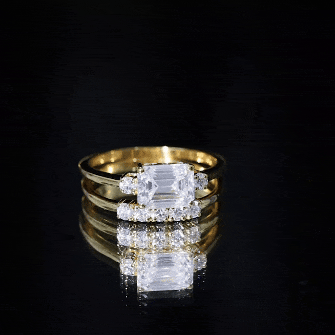 East West Emerald Cut Moissanite Engagement Ring & Wedding Band Set