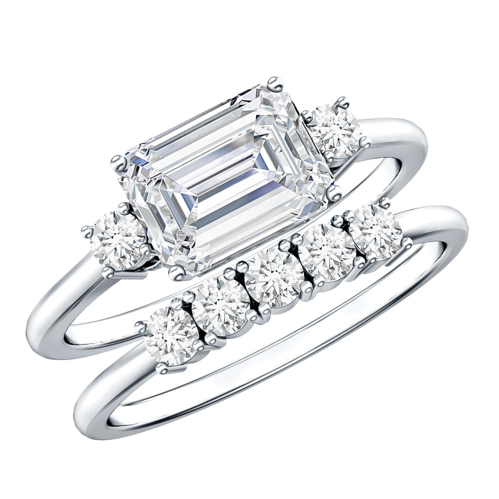 East West Emerald Cut Moissanite Engagement Ring & Wedding Band Set