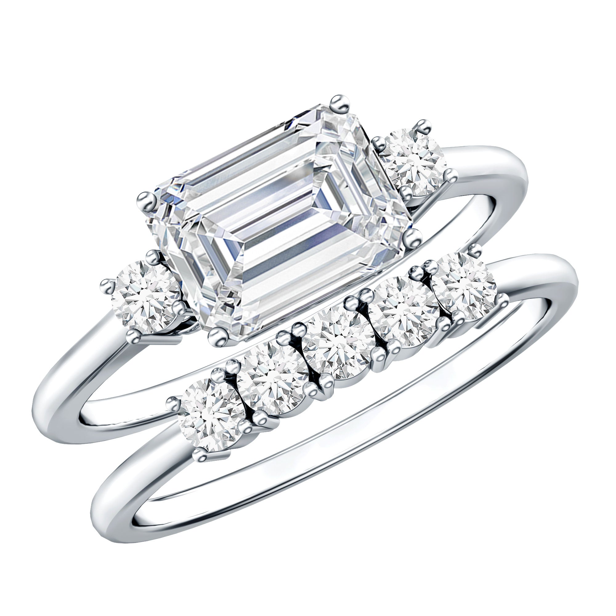 East West Emerald Cut Moissanite Engagement Ring & Wedding Band Set
