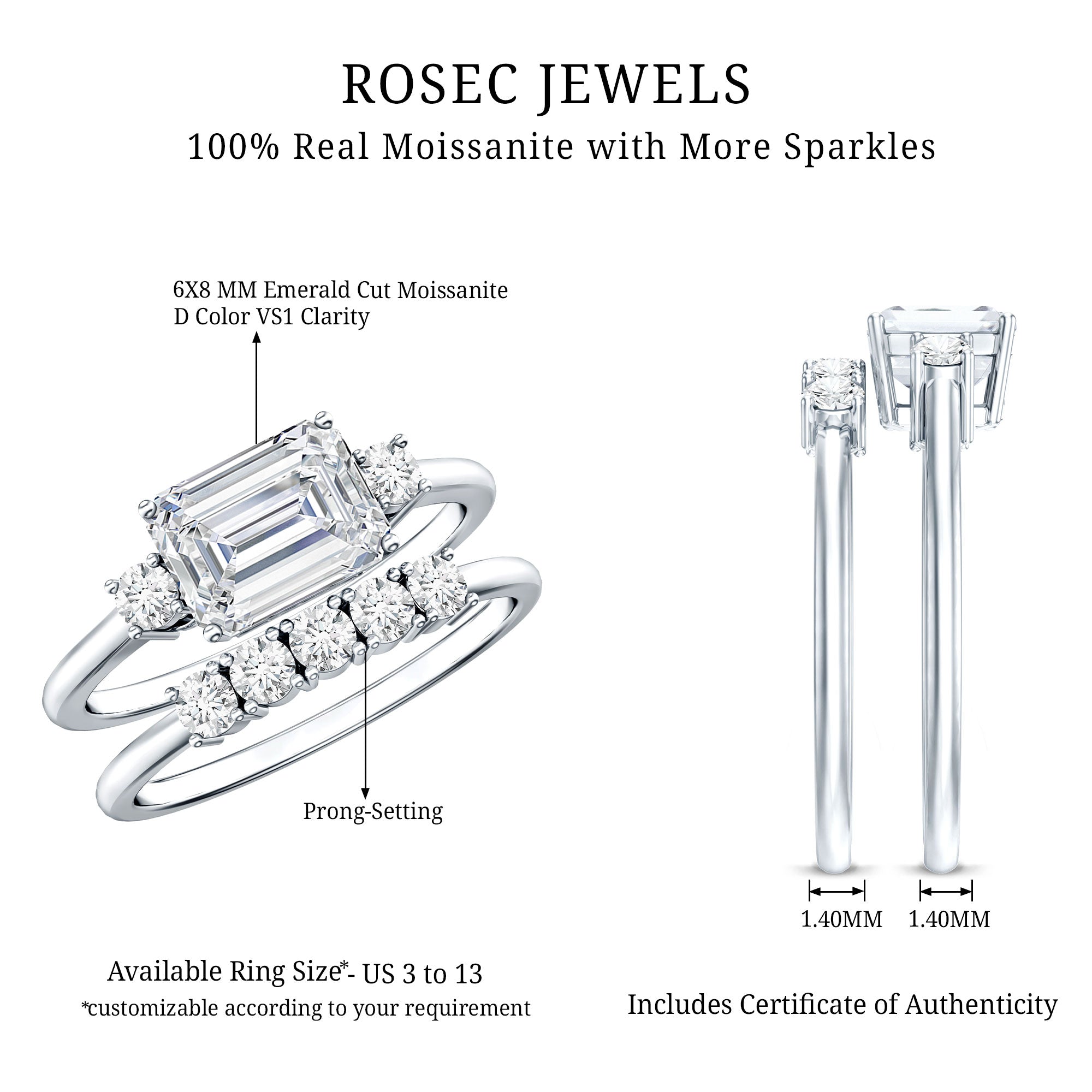 East West Emerald Cut Moissanite Engagement Ring & Wedding Band Set