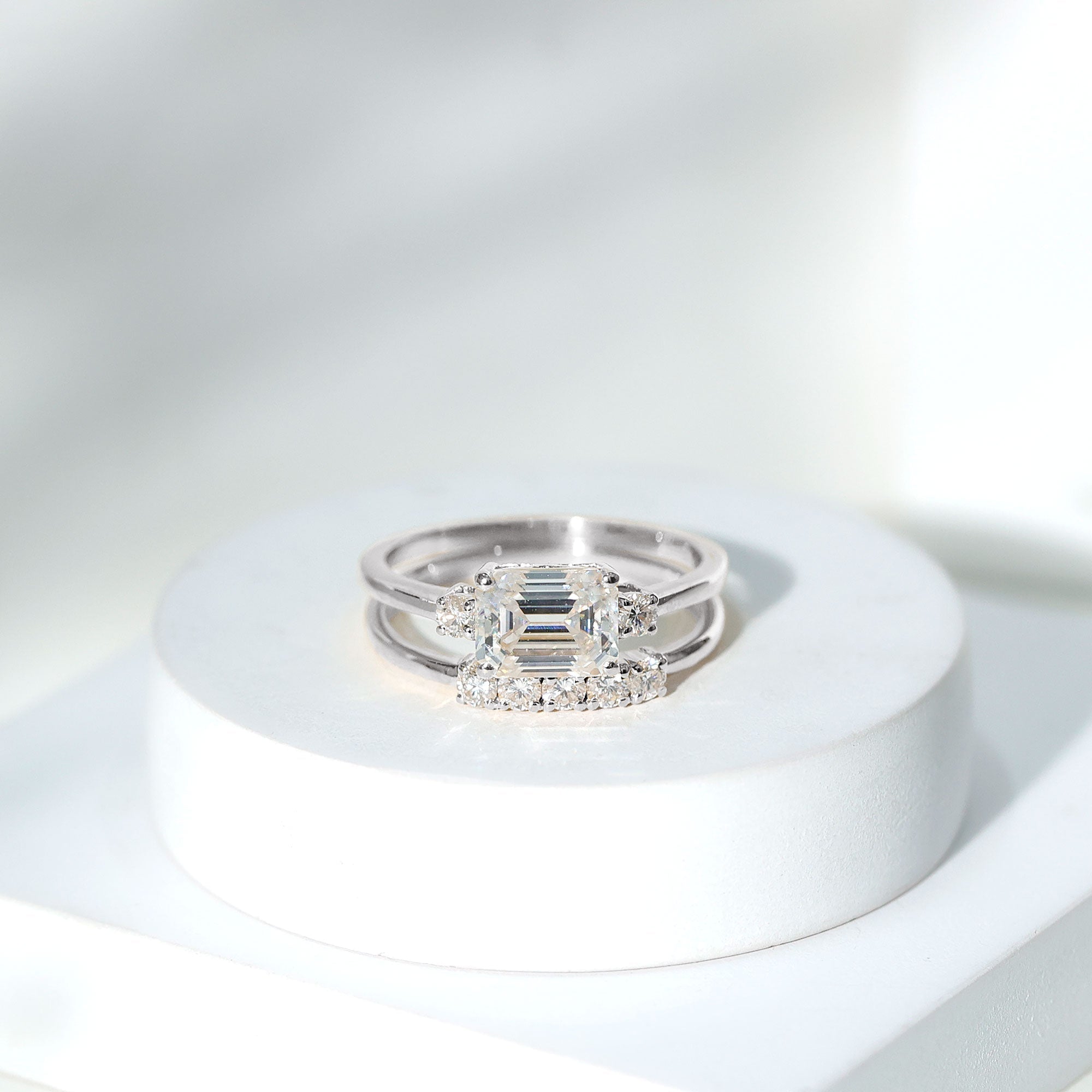East West Emerald Cut Moissanite Engagement Ring & Wedding Band Set