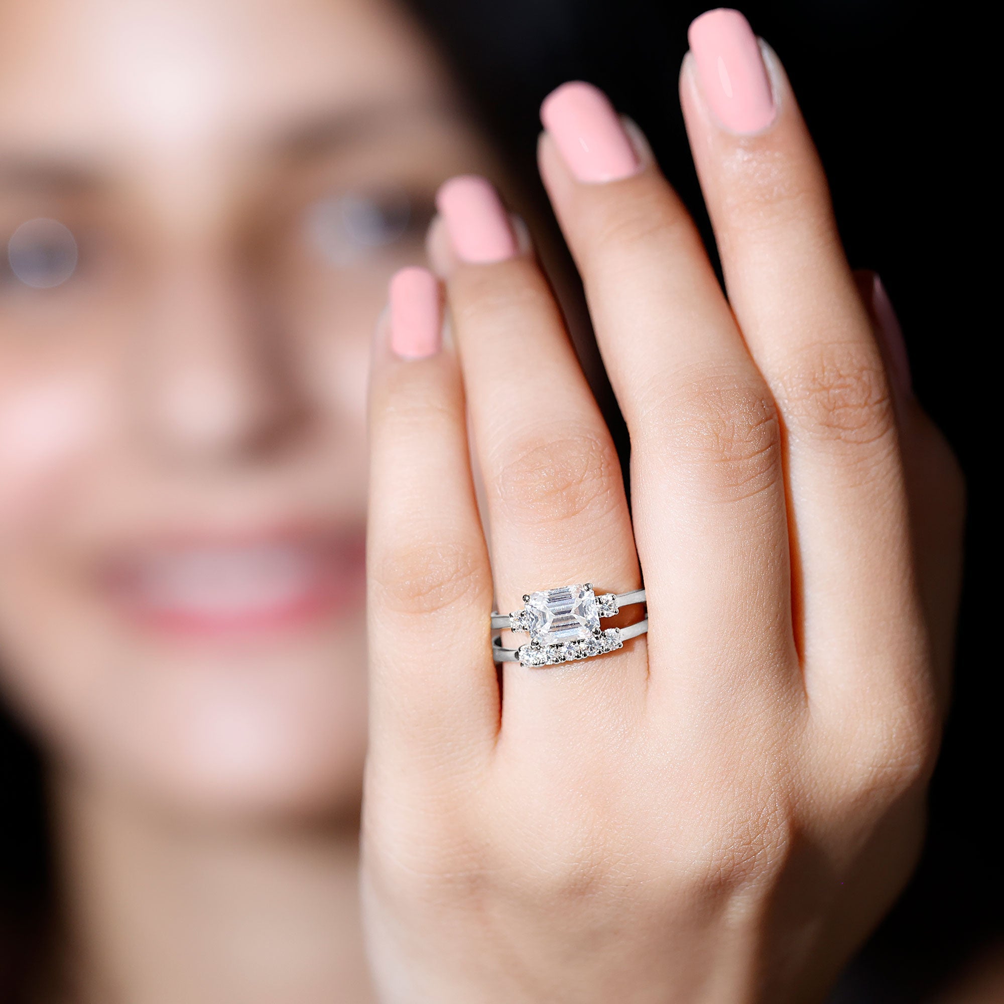 East West Emerald Cut Moissanite Engagement Ring & Wedding Band Set
