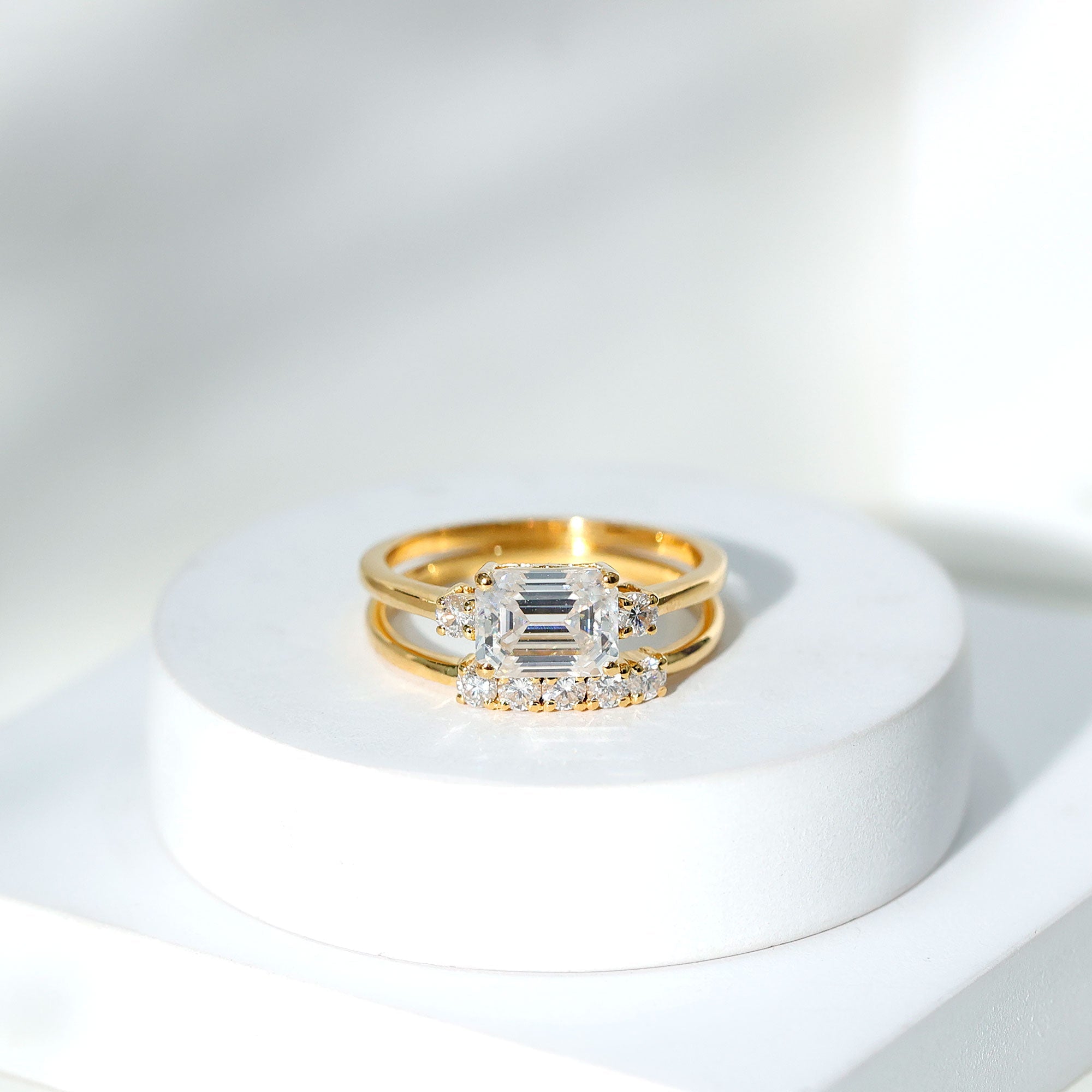 East West Emerald Cut Moissanite Engagement Ring & Wedding Band Set