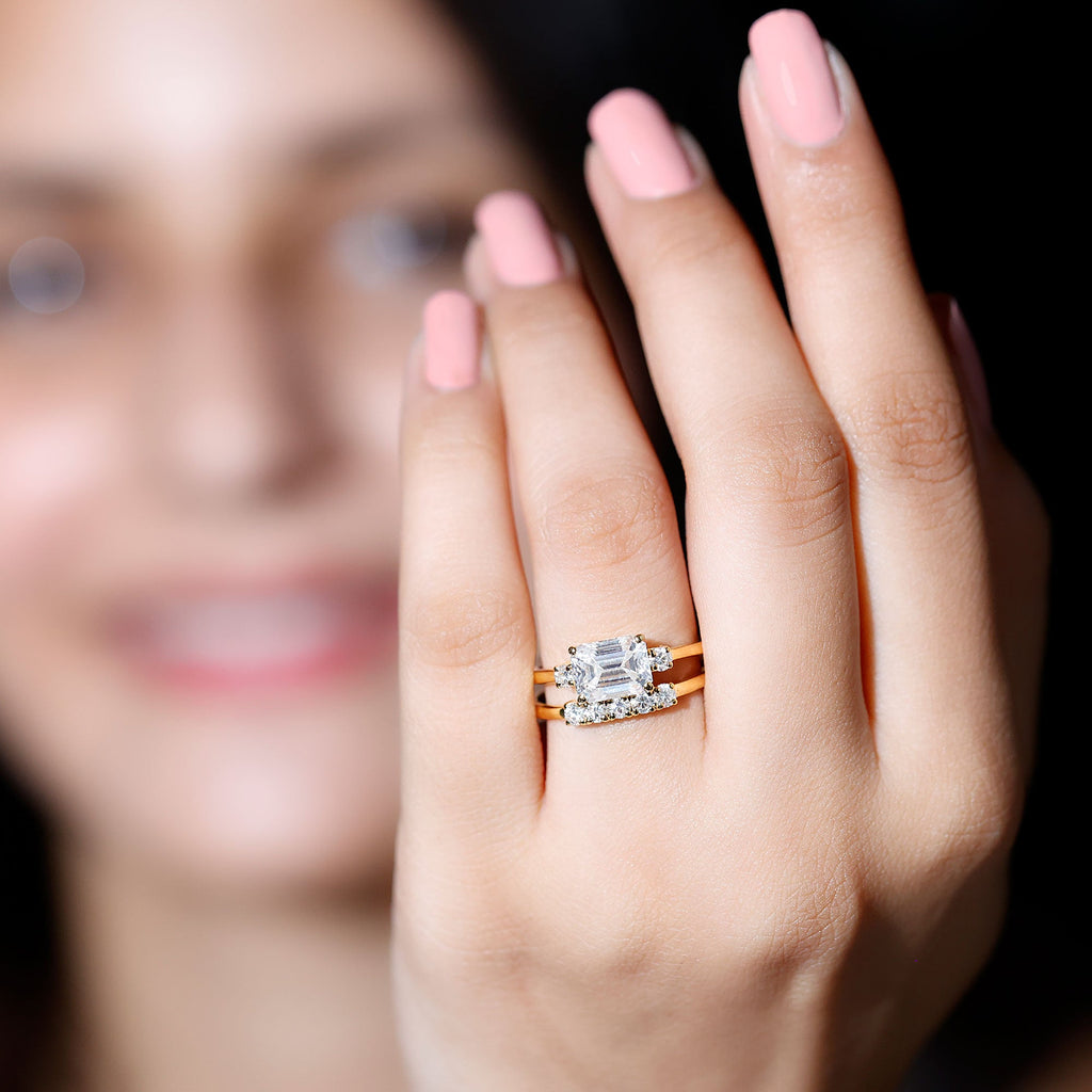 East West Emerald Cut Moissanite Engagement Ring & Wedding Band Set
